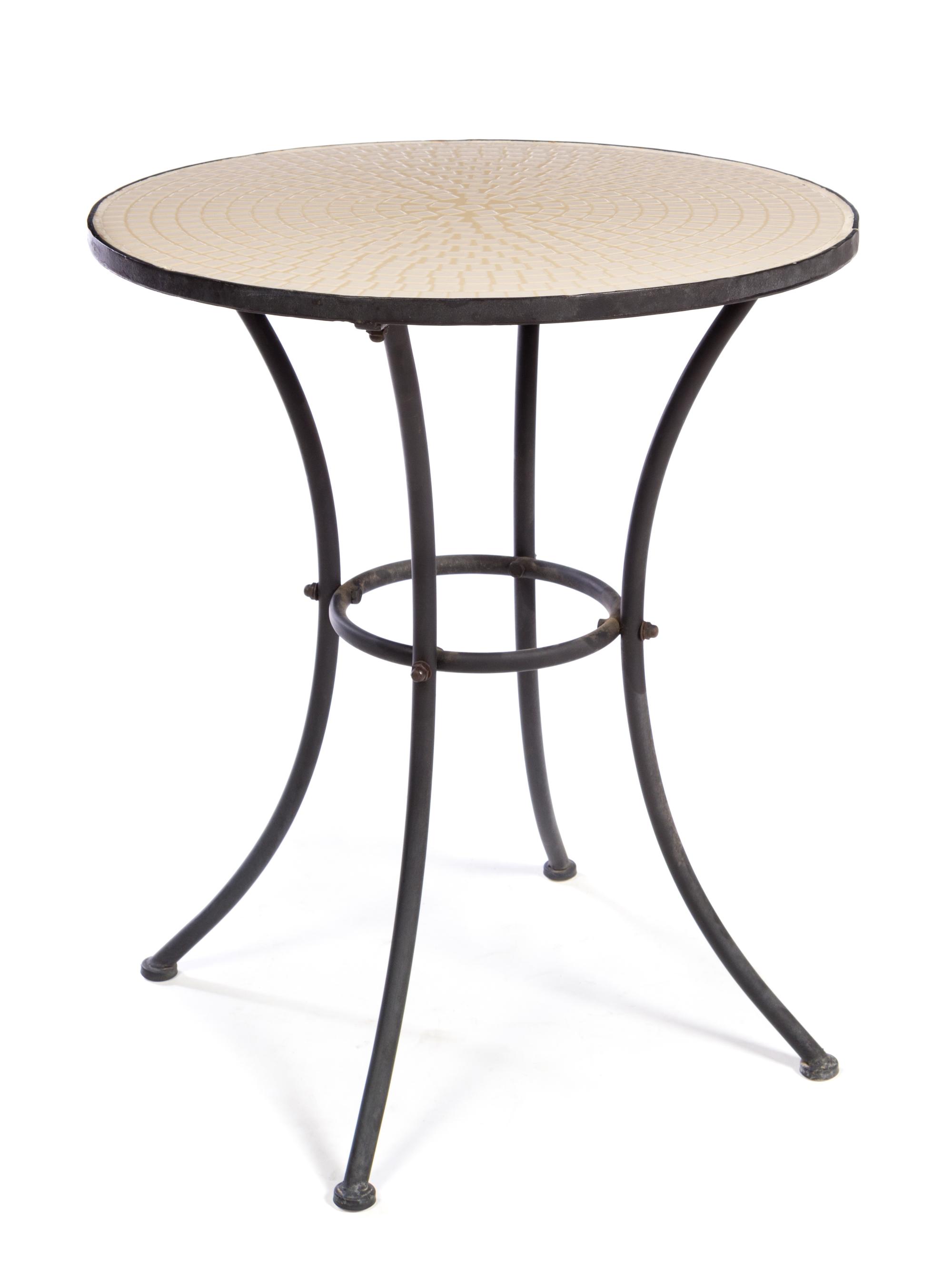A Mosaic-Inset Metal Garden Table Height 29 x diameter of top 24 1/2 inches.