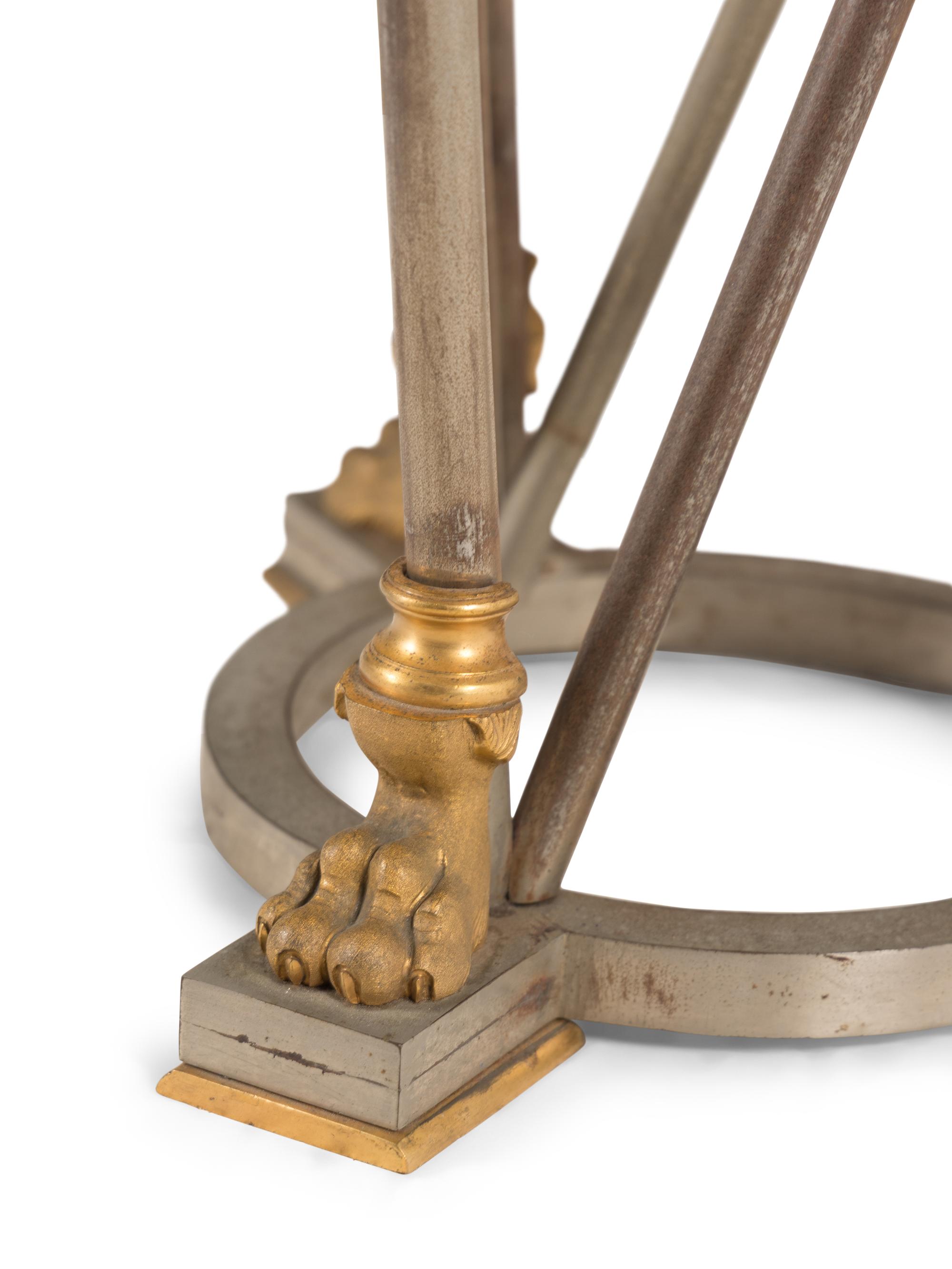 A Pair of Empire Style Gilt Bronze, Steel and Faux Porphyry Guéridons