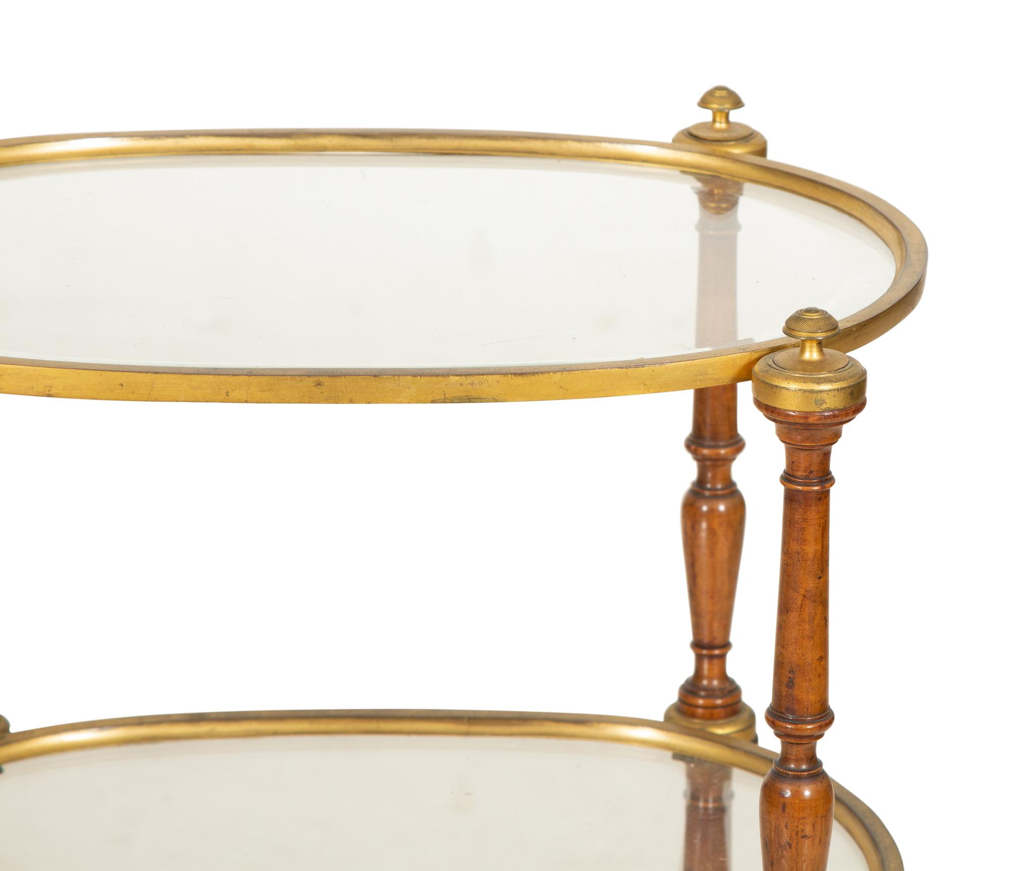An English Gilt Brass, Walnut and Glass Etagere
