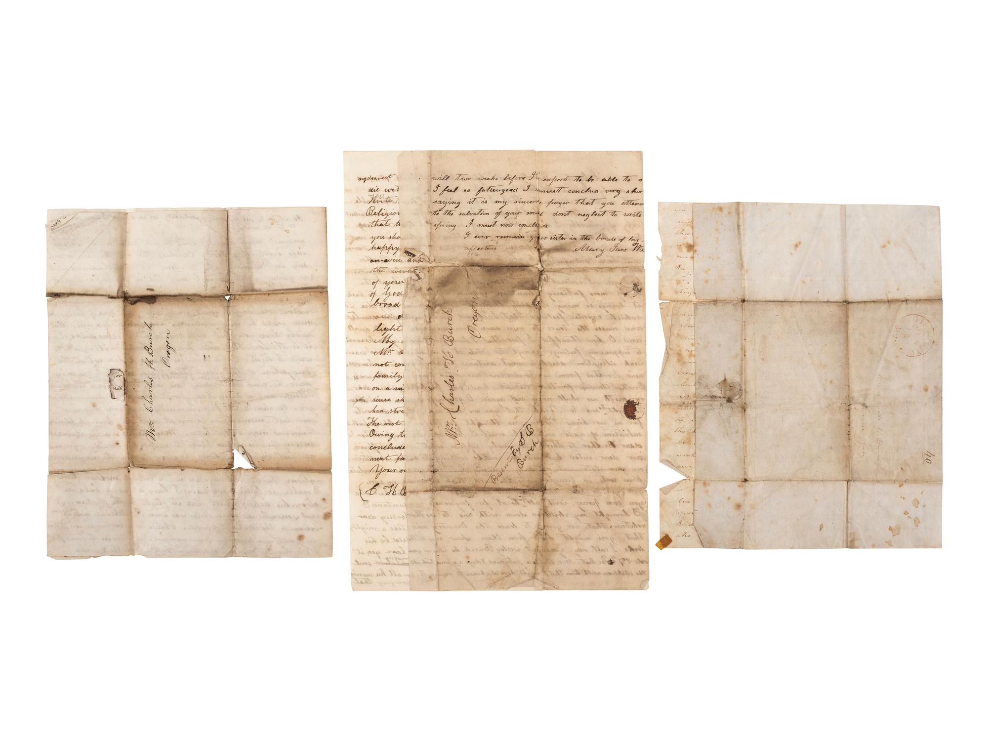[WESTERN AMERICANA]. A group of 5 letters sent from Missouri and hand-carried along the Oregon Trail to Charles H. Burch (1828-1904), a "Pioneer of 1844" and one of Oregon's earliest settlers.