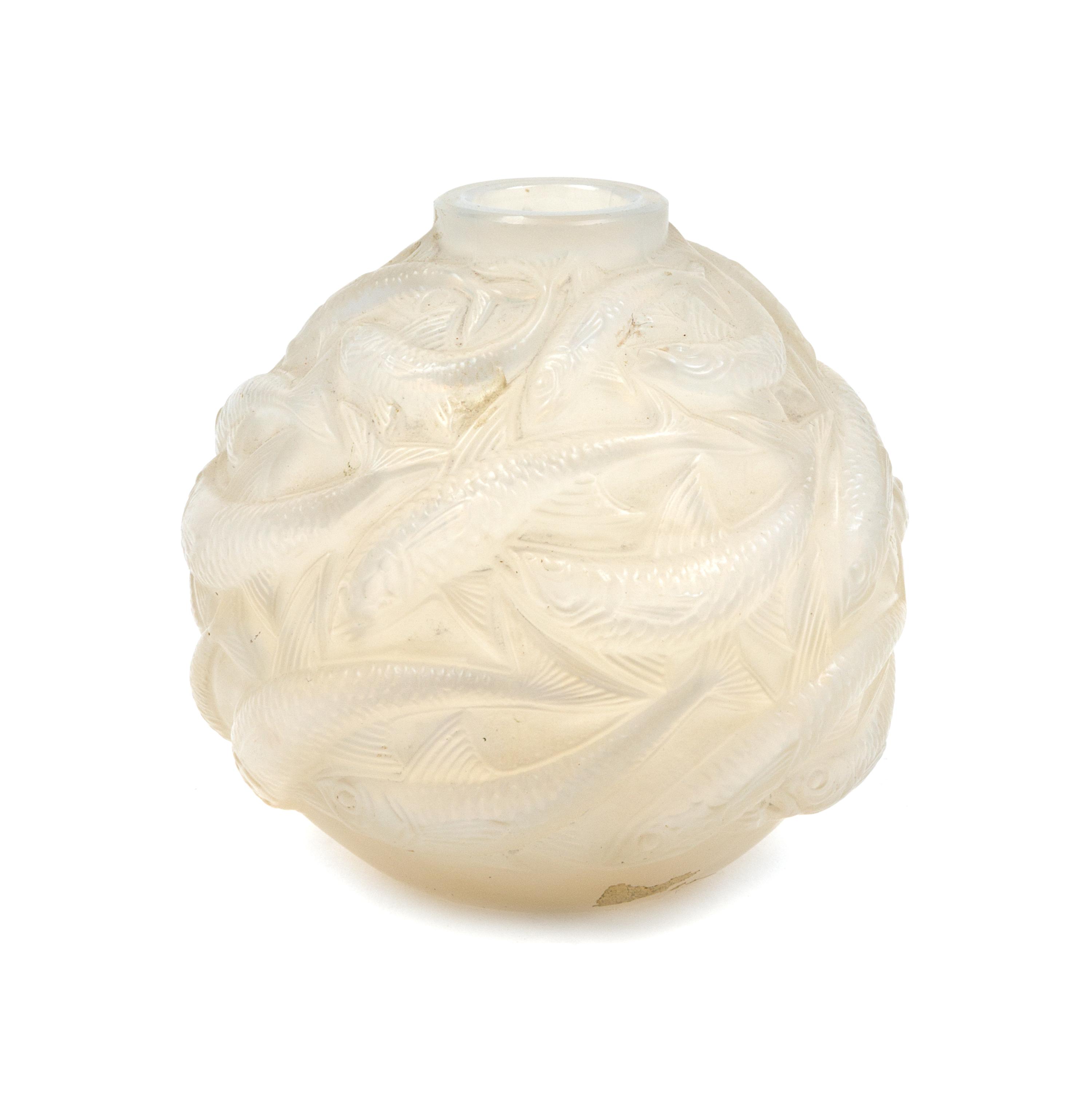 An R. Lalique Frosted Glass Camaret Vase Height 5 3/4 inches.