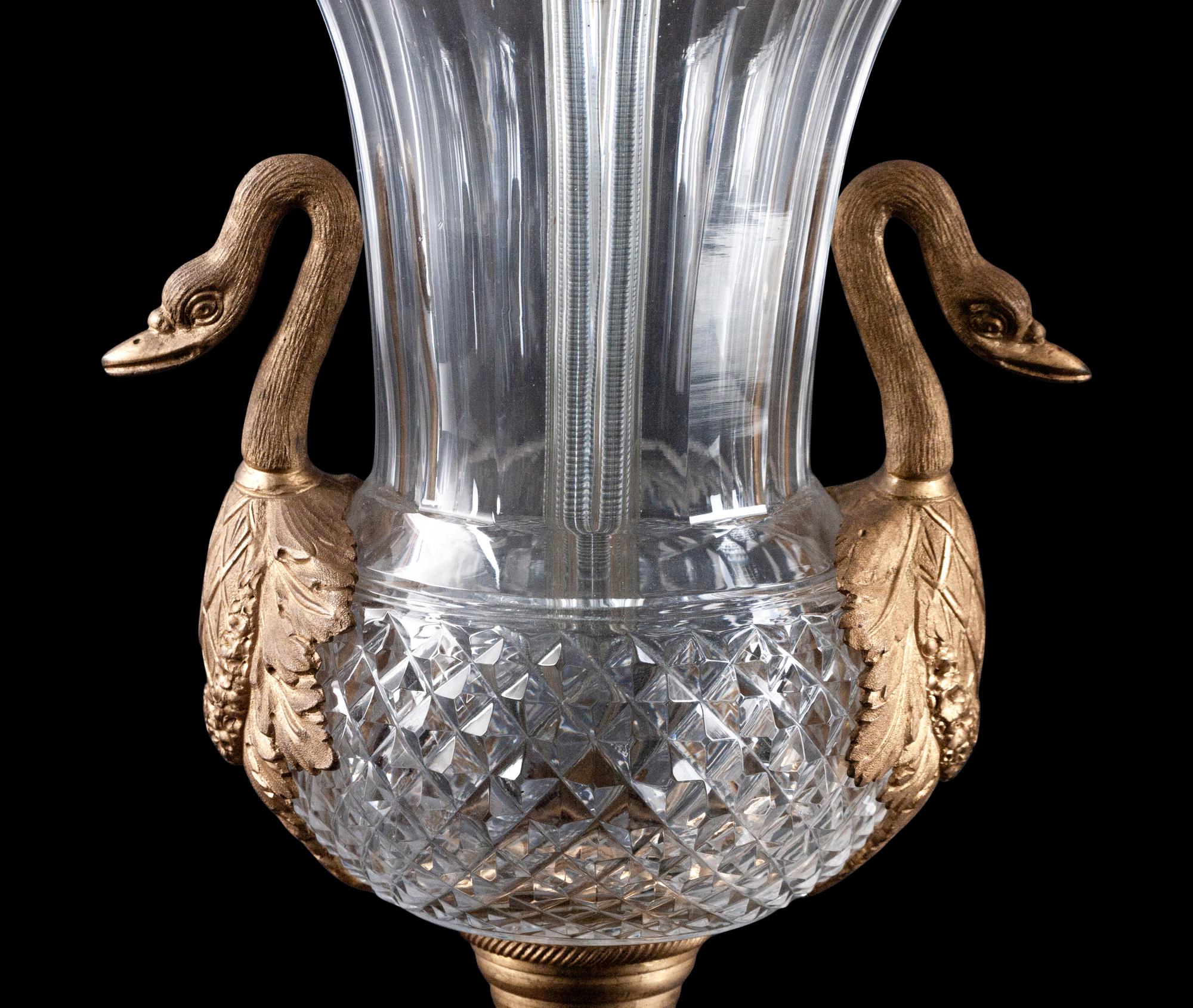 A Pair of Empire Style Gilt Metal Mounted Cut Glass Urns Mounted as Lamps