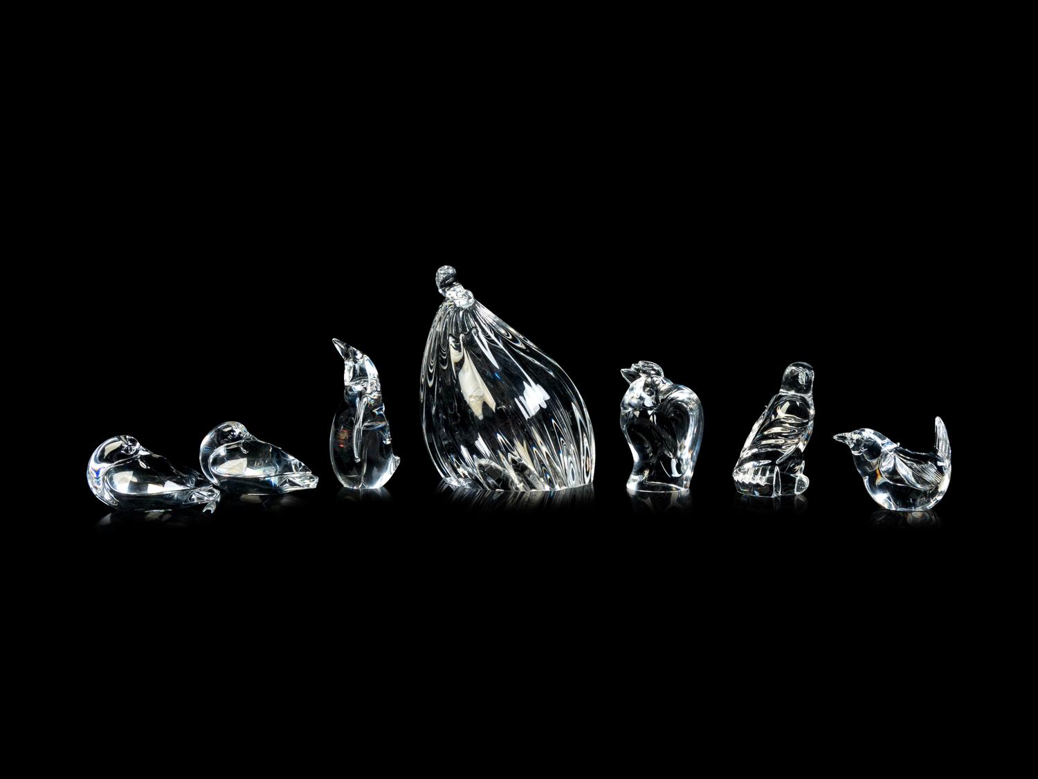 A Group of Seven Steuben Glass Figures of Birds