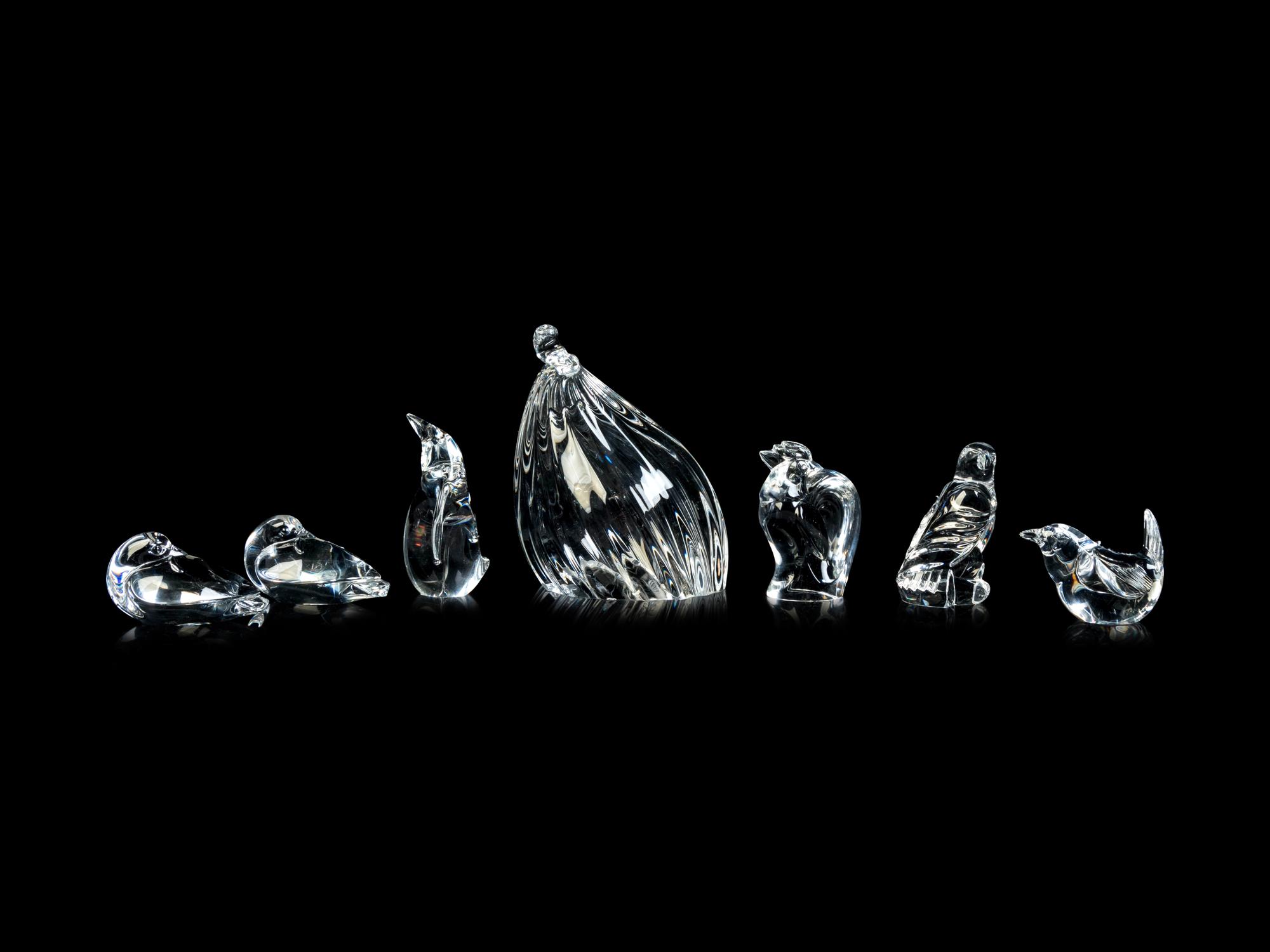 A Group of Seven Steuben Glass Figures of Birds