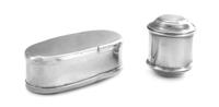Two Silver Nutmeg Graters, , one of cylindrical form, the other of elongated oval form.