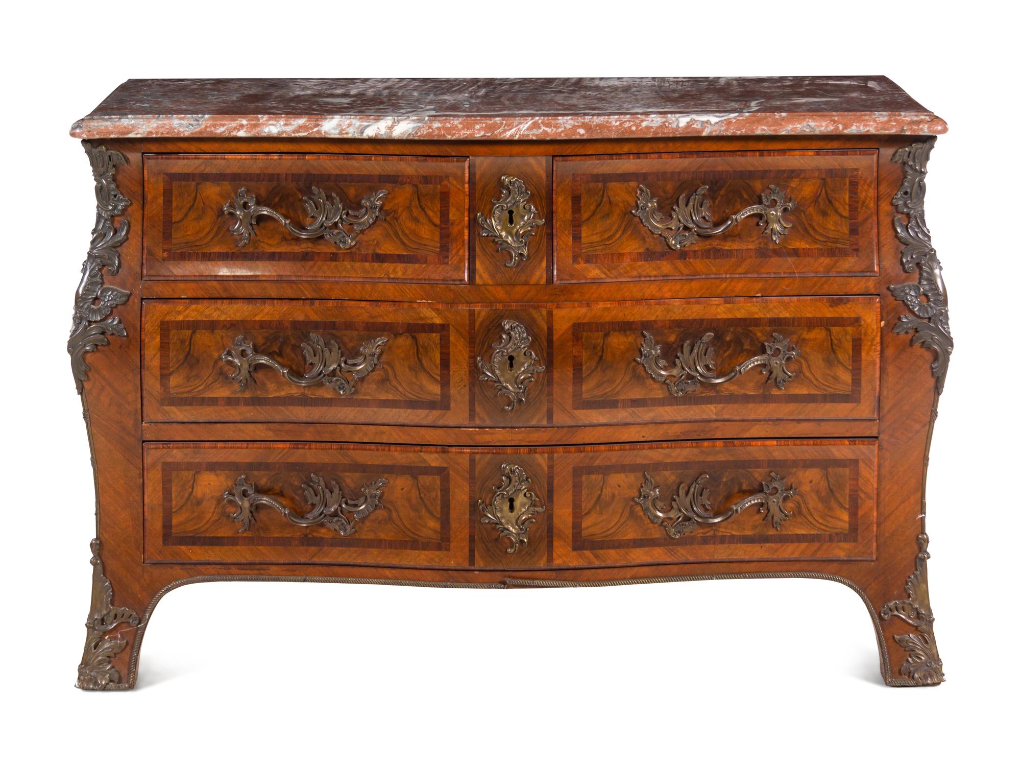 A Régence Style Rosewood-Banded Walnut Marble-Top Commode