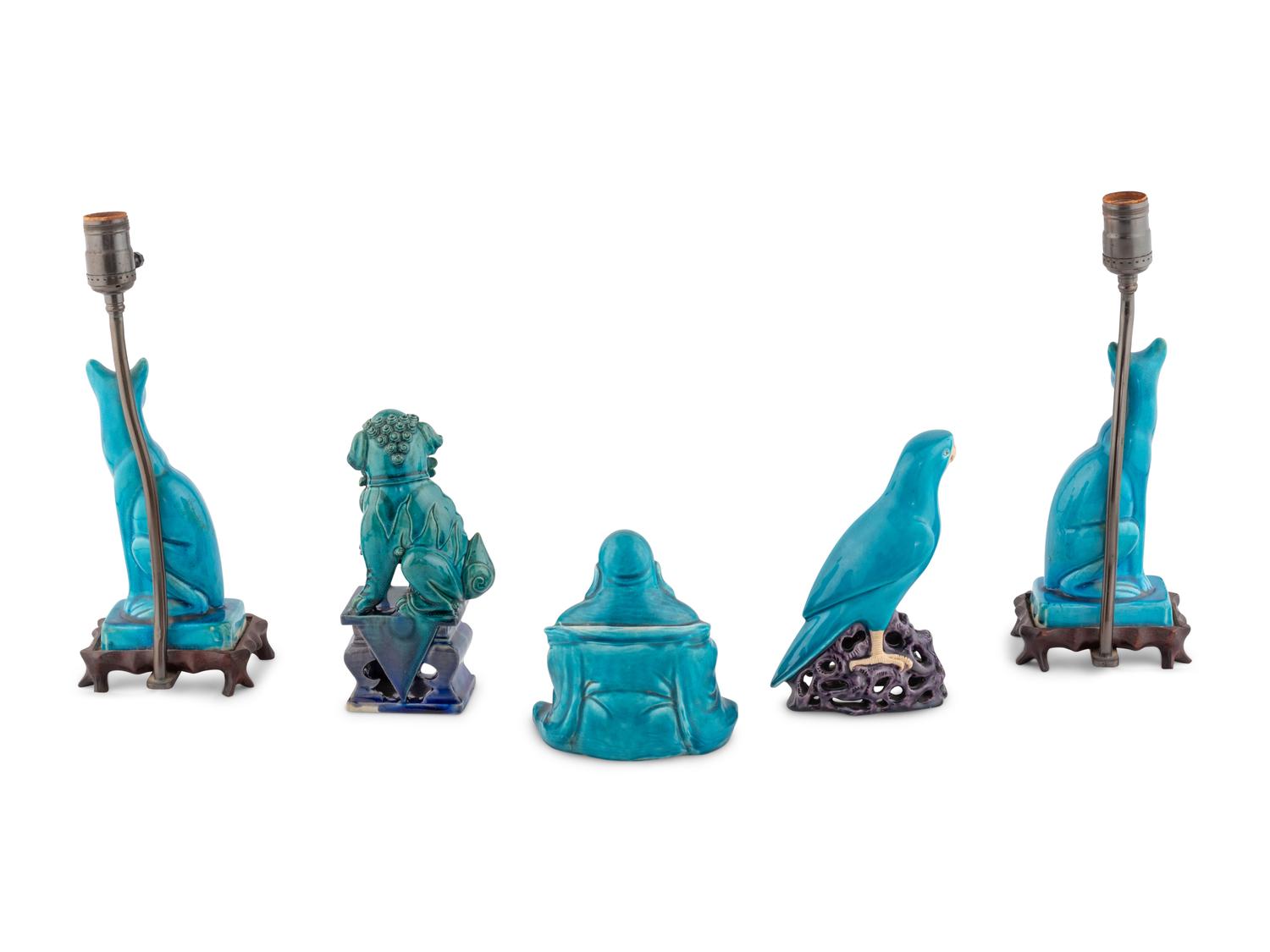 Five Chinese Export Turquoise Glazed Porcelain Figures
