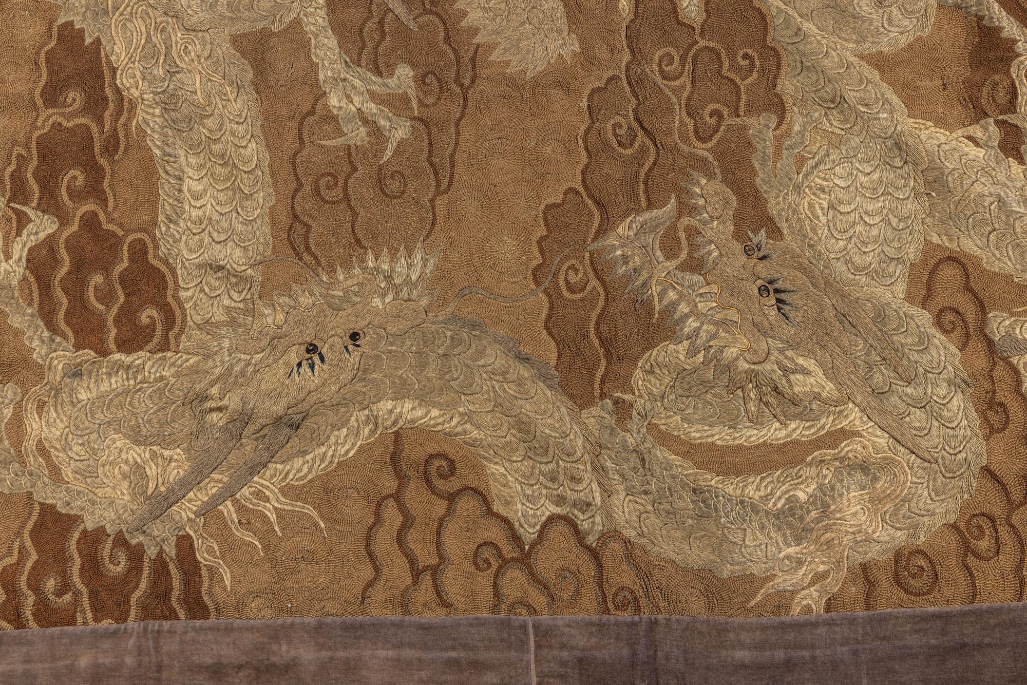 A Large Japanese Embroidered Silk 'Dragons' Panel