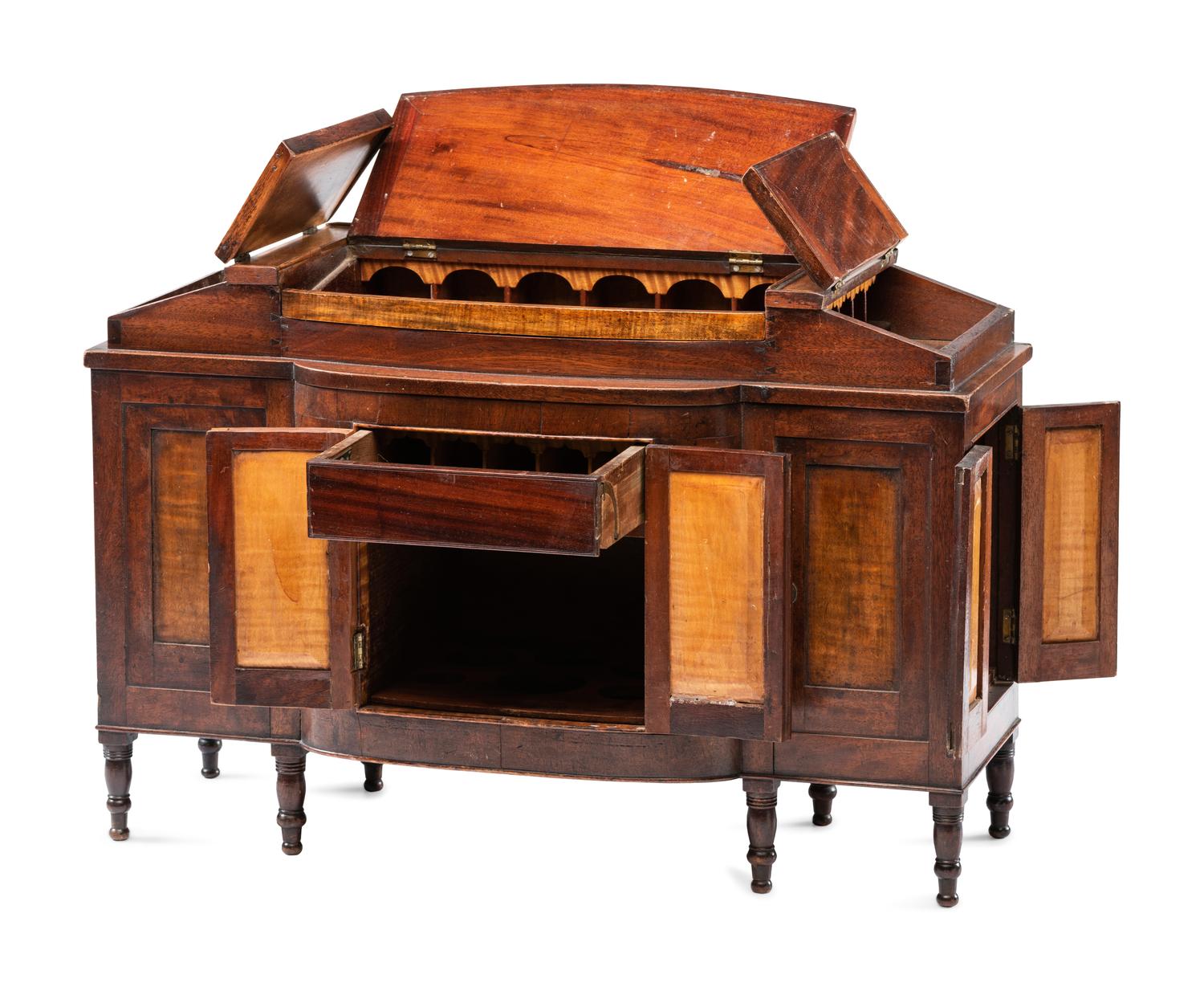 A Miniature Late Federal Tiger Maple and Walnut Hinged Lid Sideboard