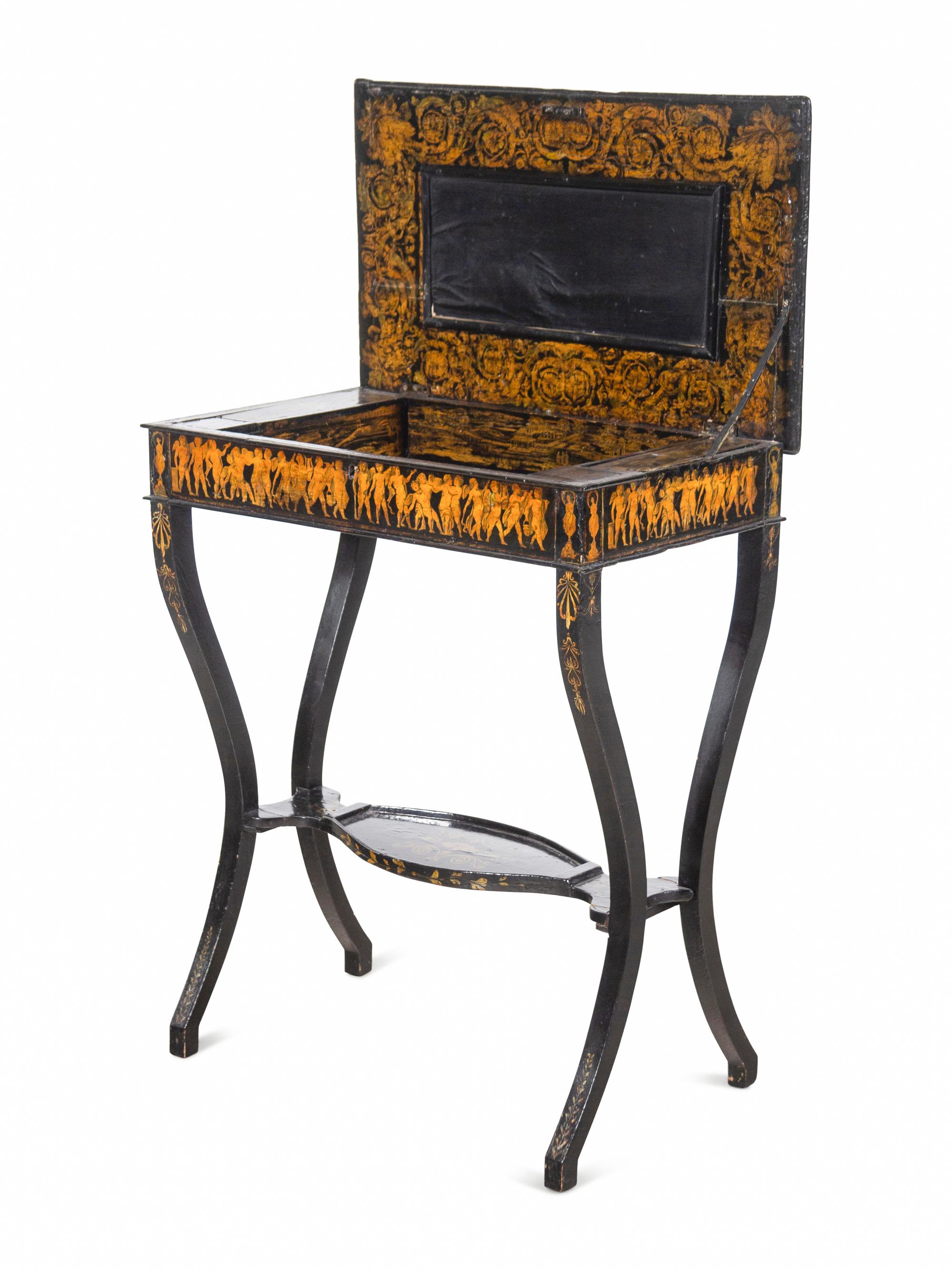 A Northern European Painted and Penwork-Decorated Work Table