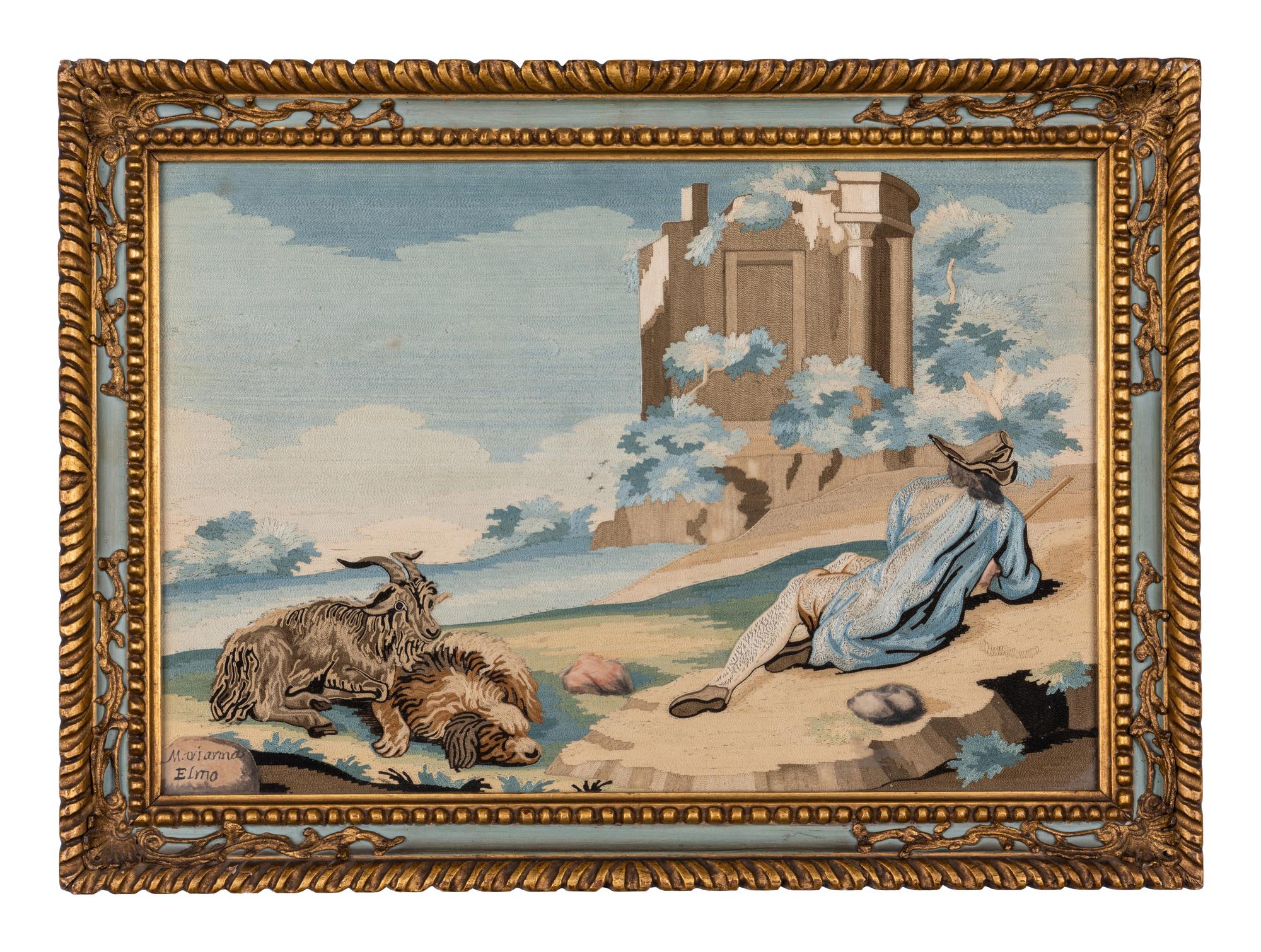 A Pair of Italian Silk and Metallic Thread Embroidered Landscape Panels by Marianna Elmo (b. 1730)
