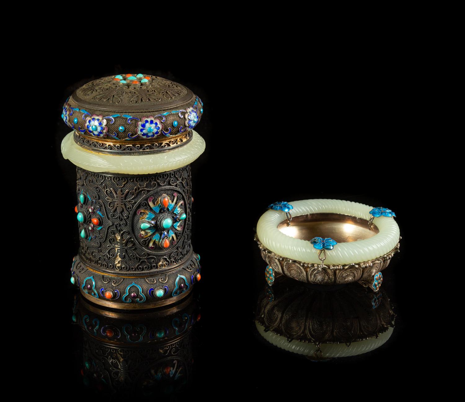 Two Jade Inset Metal Articles