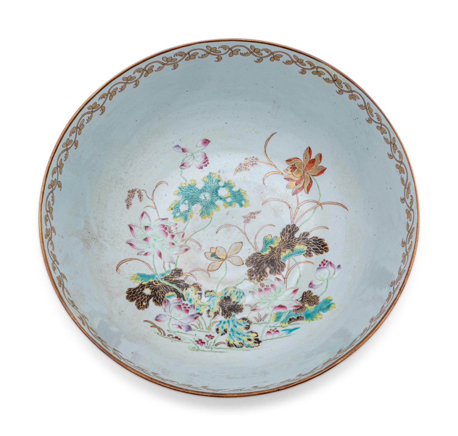 A Large Chinese Export Painted and Parcel-Gilt Porcelain Punch Bowl
