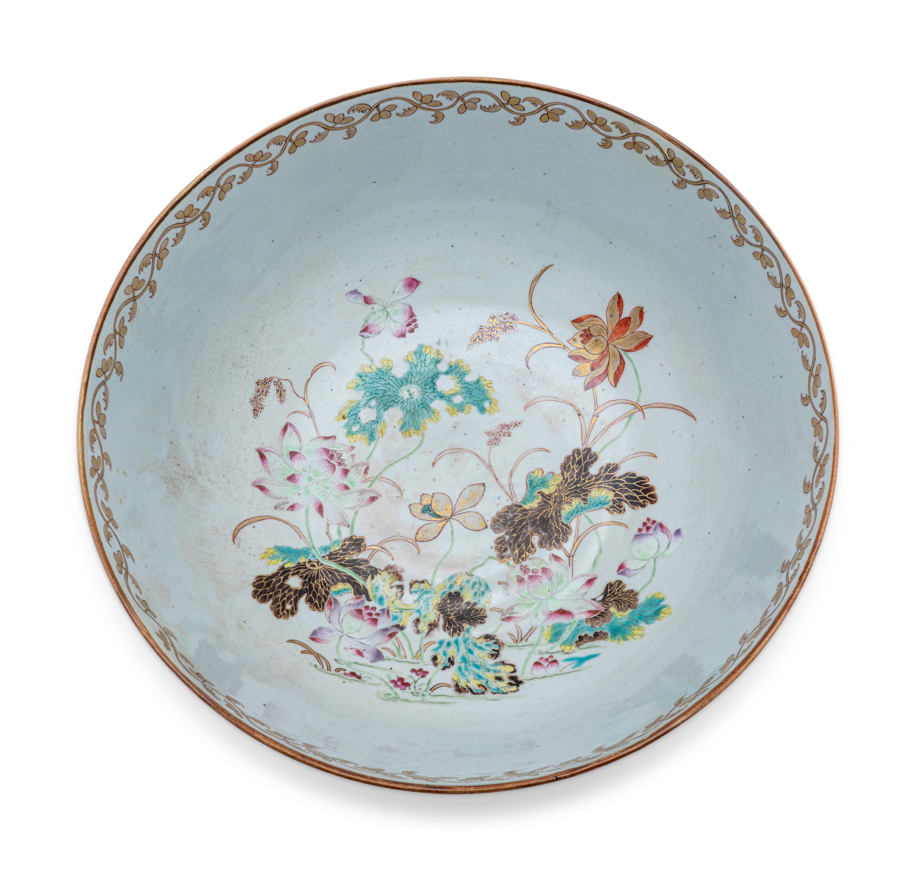 A Large Chinese Export Painted and Parcel-Gilt Porcelain Punch Bowl
