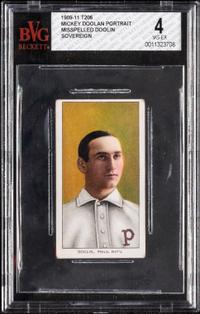 A 1909-11 T206 Mickey Doolan (Portrait, Doolin Misspelled) Baseball Card (Sovereign) BVG 4 VG-EX