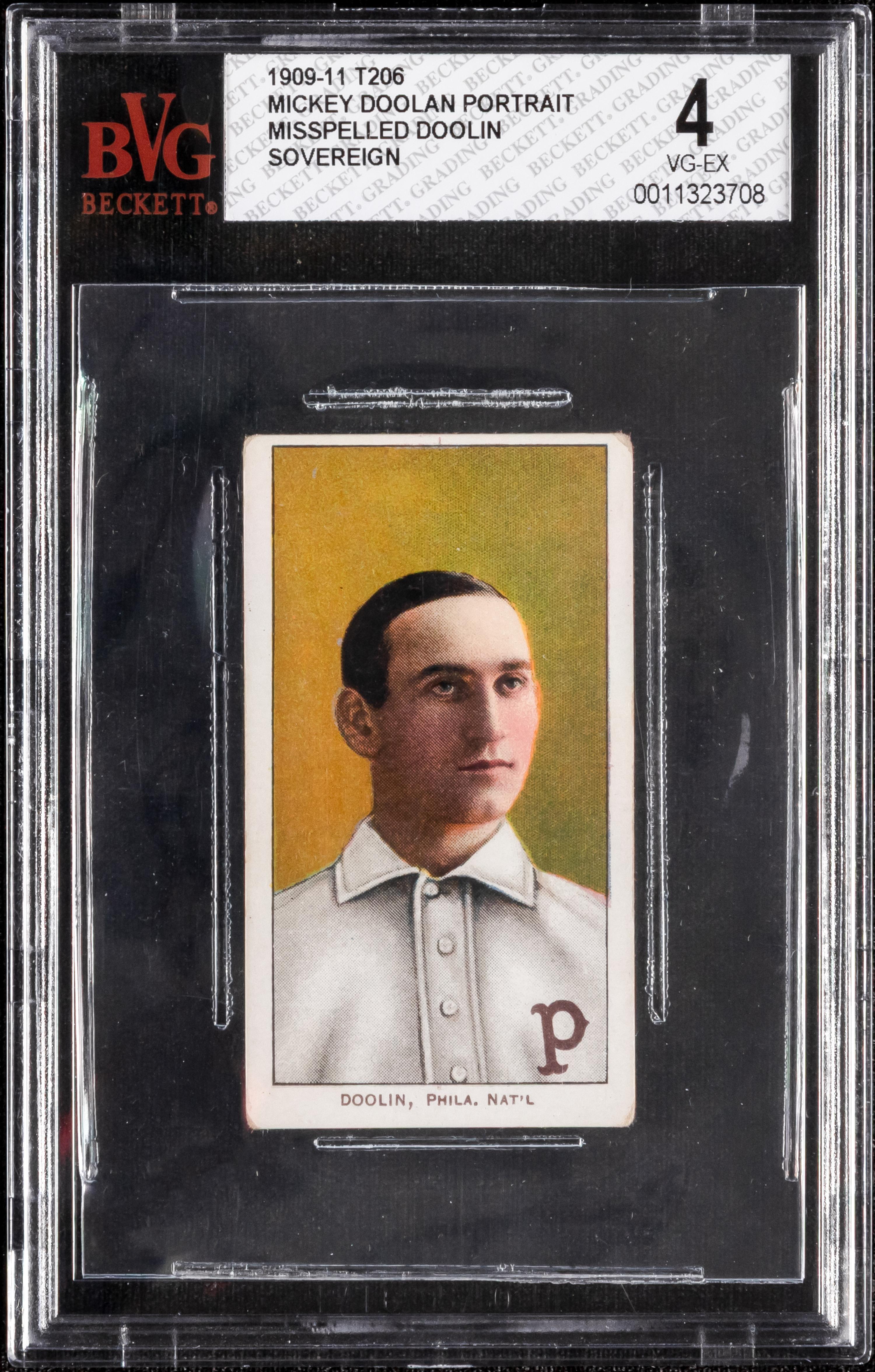 A 1909-11 T206 Mickey Doolan (Portrait, Doolin Misspelled) Baseball Card (Sovereign) BVG 4 VG-EX