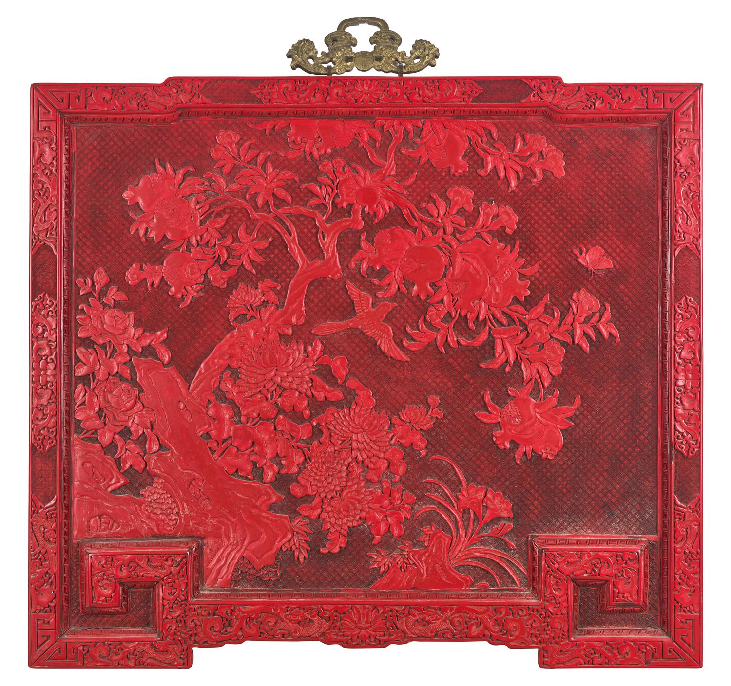 A Large Chinese Carved Cinnabar Lacquer Panel, 20th Century 近代 雕漆玉堂富貴圖挂屏