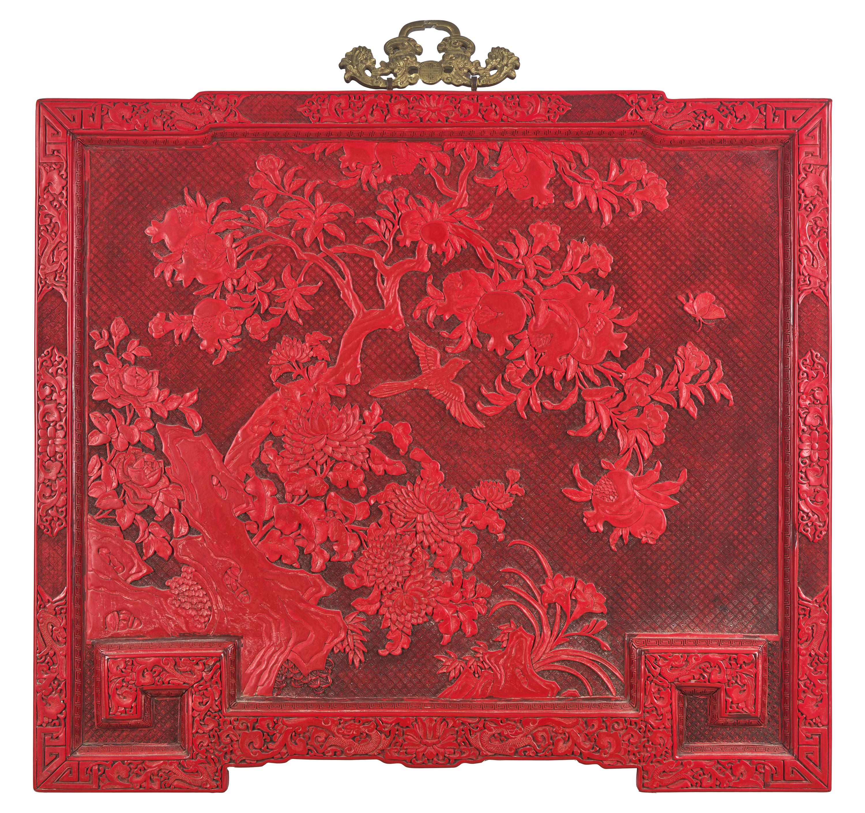 A Large Chinese Carved Cinnabar Lacquer Panel, 20th Century 近代 雕漆玉堂富貴圖挂屏