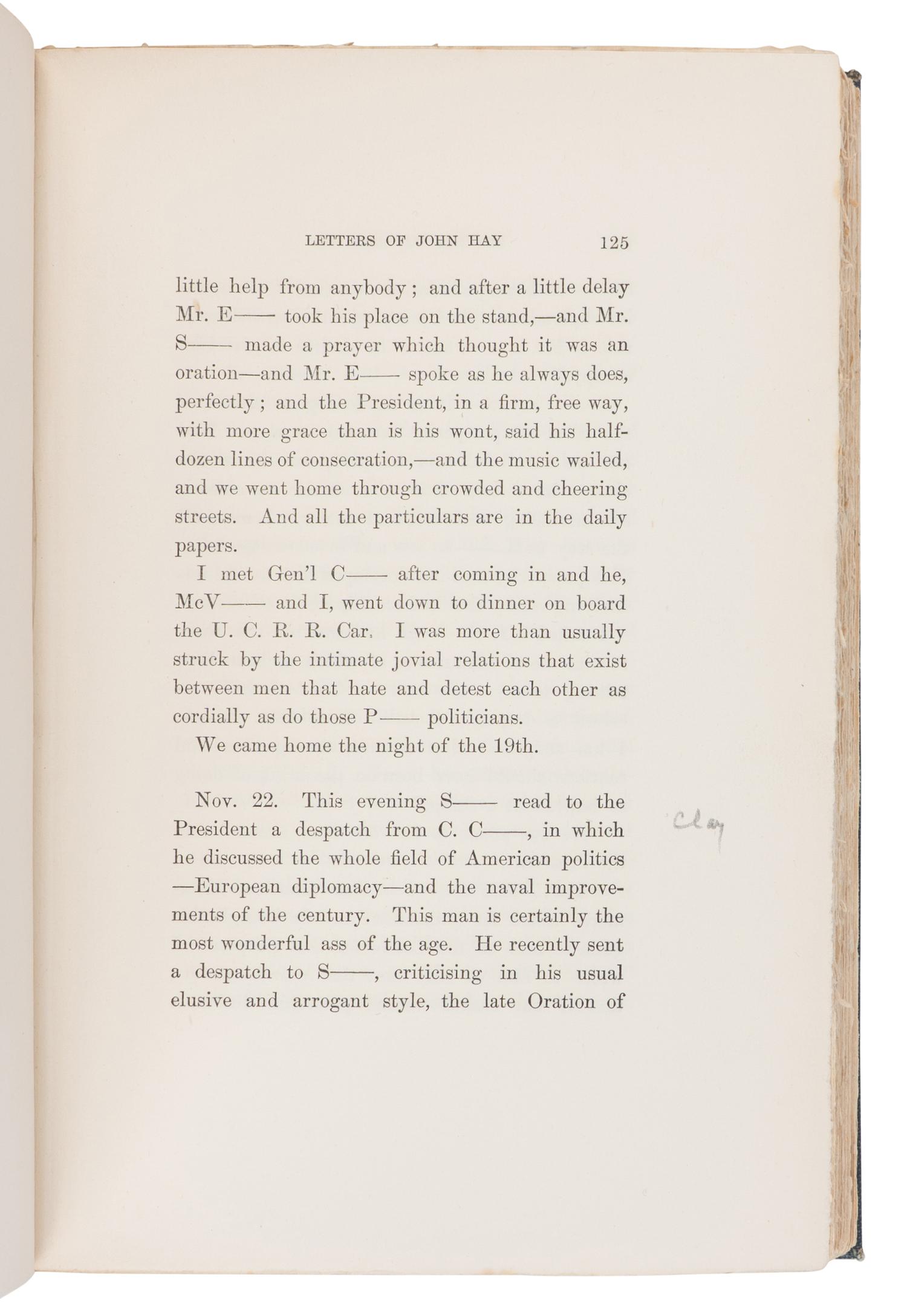 [LINCOLN, Robert Todd (1843-1926), his copy]. -- HAY, John (1838-1905). Letters of John Hay and Extracts from Diary . Washington, D.C.: Clara S. Hay, 1908.