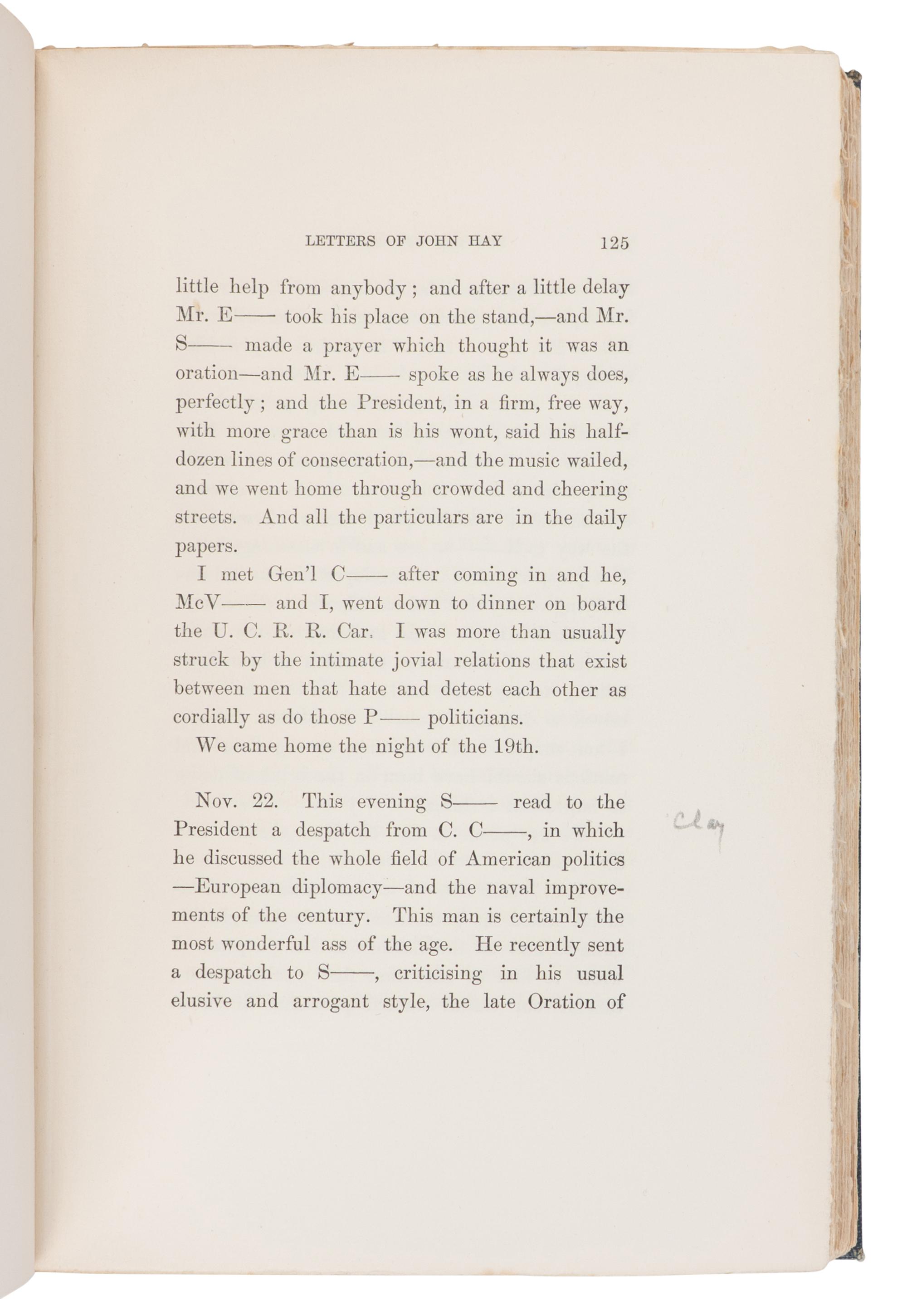 [LINCOLN, Robert Todd (1843-1926), his copy]. -- HAY, John (1838-1905). Letters of John Hay and Extracts from Diary . Washington, D.C.: Clara S. Hay, 1908.
