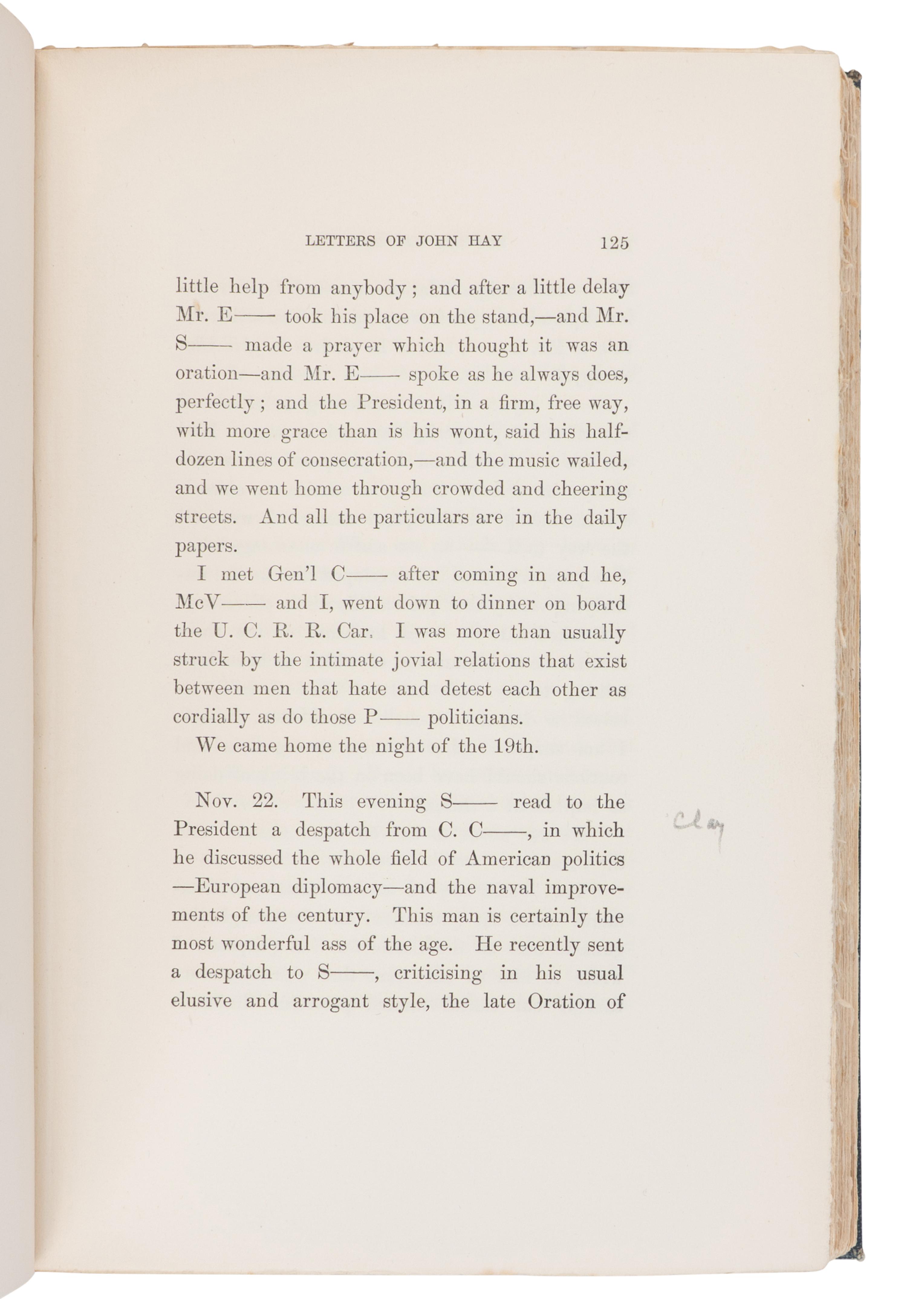 [LINCOLN, Robert Todd (1843-1926), his copy]. -- HAY, John (1838-1905). Letters of John Hay and Extracts from Diary . Washington, D.C.: Clara S. Hay, 1908.