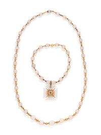 GEORGIAN, YELLOW GOLD AND CHALCEDONY MALTESE CROSS NECKLACE