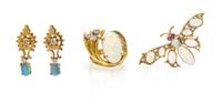 A Collection of Yellow Gold, White Opal, Diamond and Ruby Jewelry, 20.00 dwts.