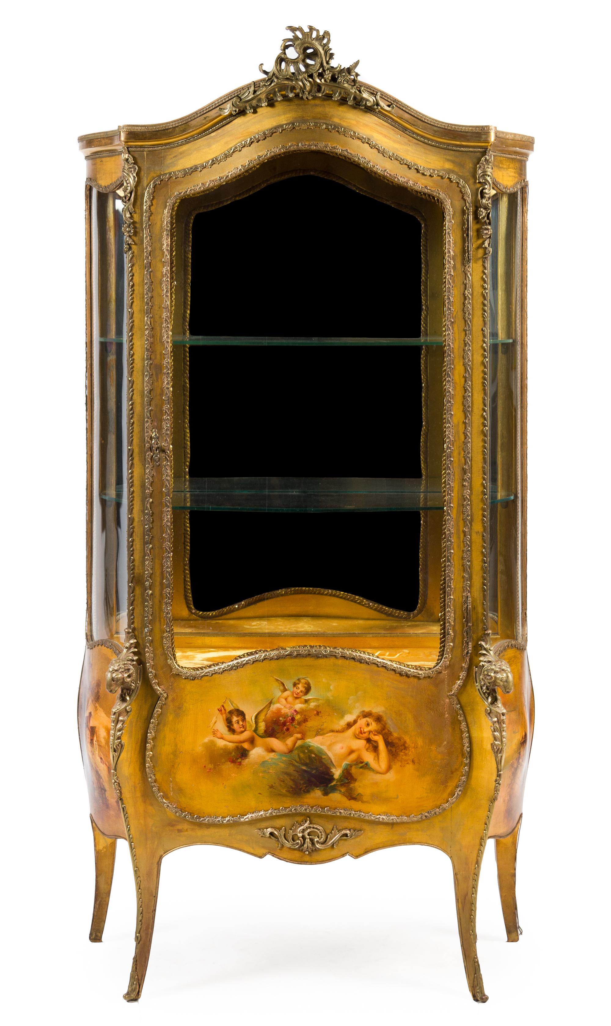 A Louis XV Style Gilt Bronze Mounted Vernis Martin Vitrine Height 74 x width 38 x depth 17 inches. — LATE 19TH/EARLY 20TH CENTURY