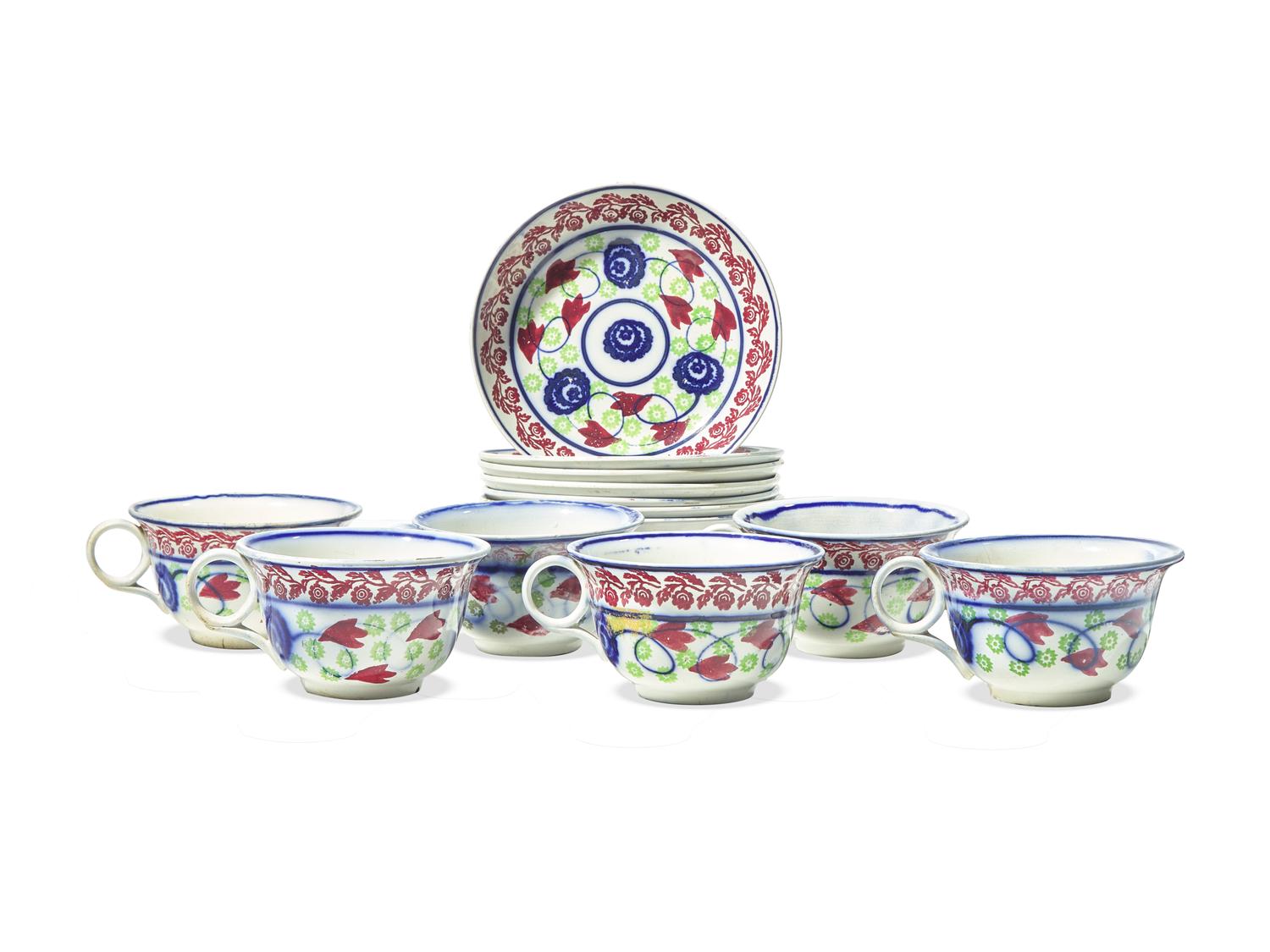 A Set of Thirteen English Sponge-Decorated "Bullseye Spatter" Earthenware Articles