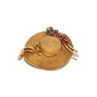 YELLOW GOLD, GEMSTONE AND DIAMOND HAT BROOCH