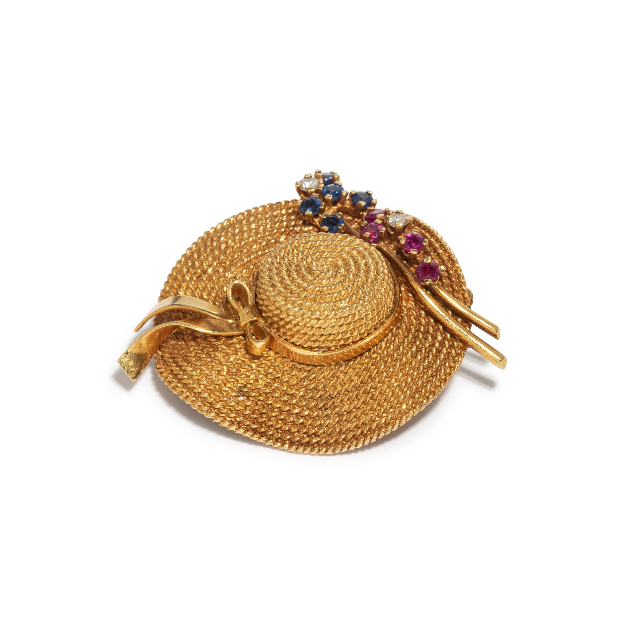 YELLOW GOLD, GEMSTONE AND DIAMOND HAT BROOCH