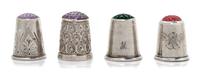 Four Silver and Glass Thimbles, , comprising an English example having an amethyst inset top above the body with floral decoration, Ste