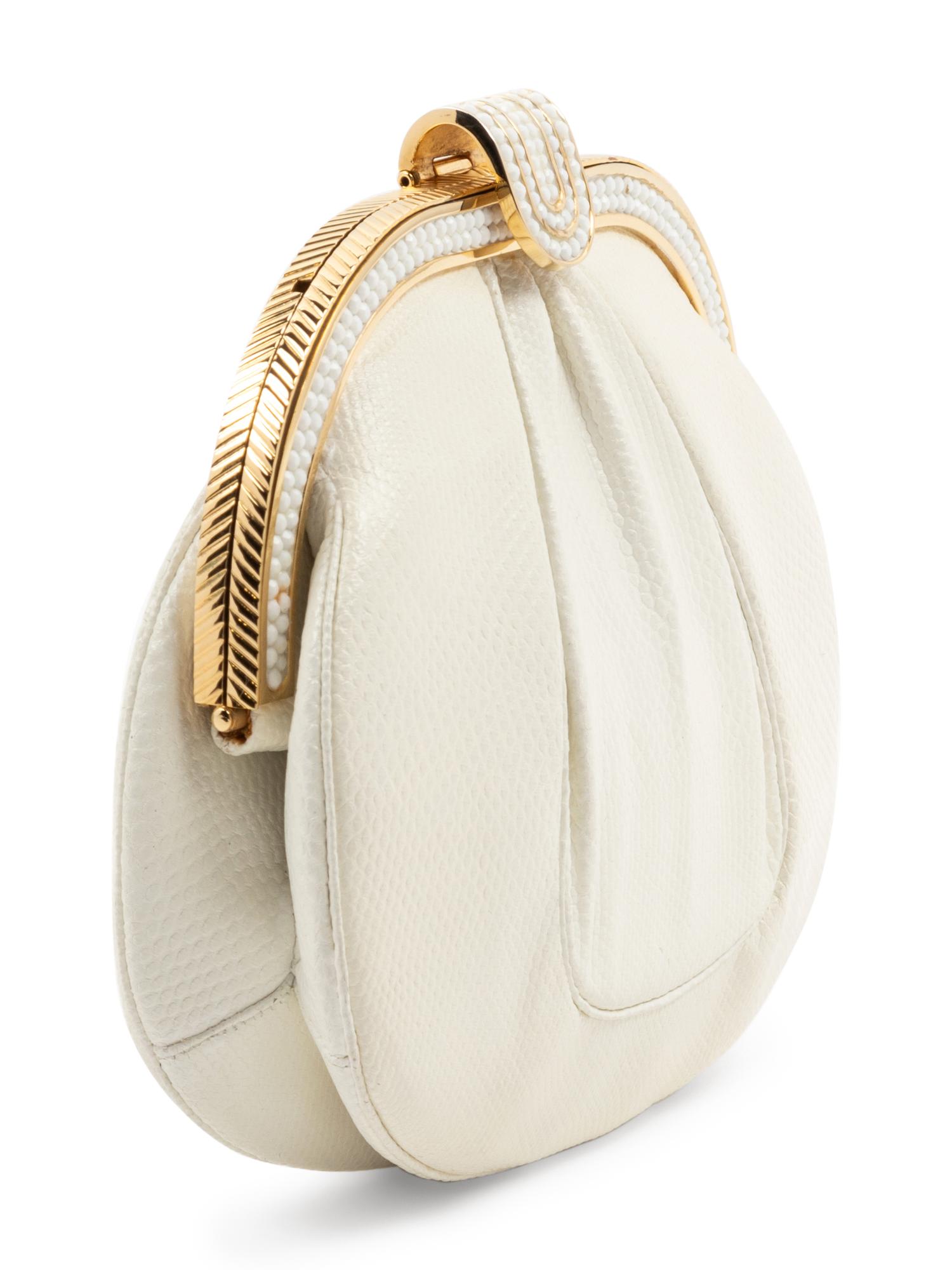 Judith Leiber White Karung Shirred Bag with White Rhinestones