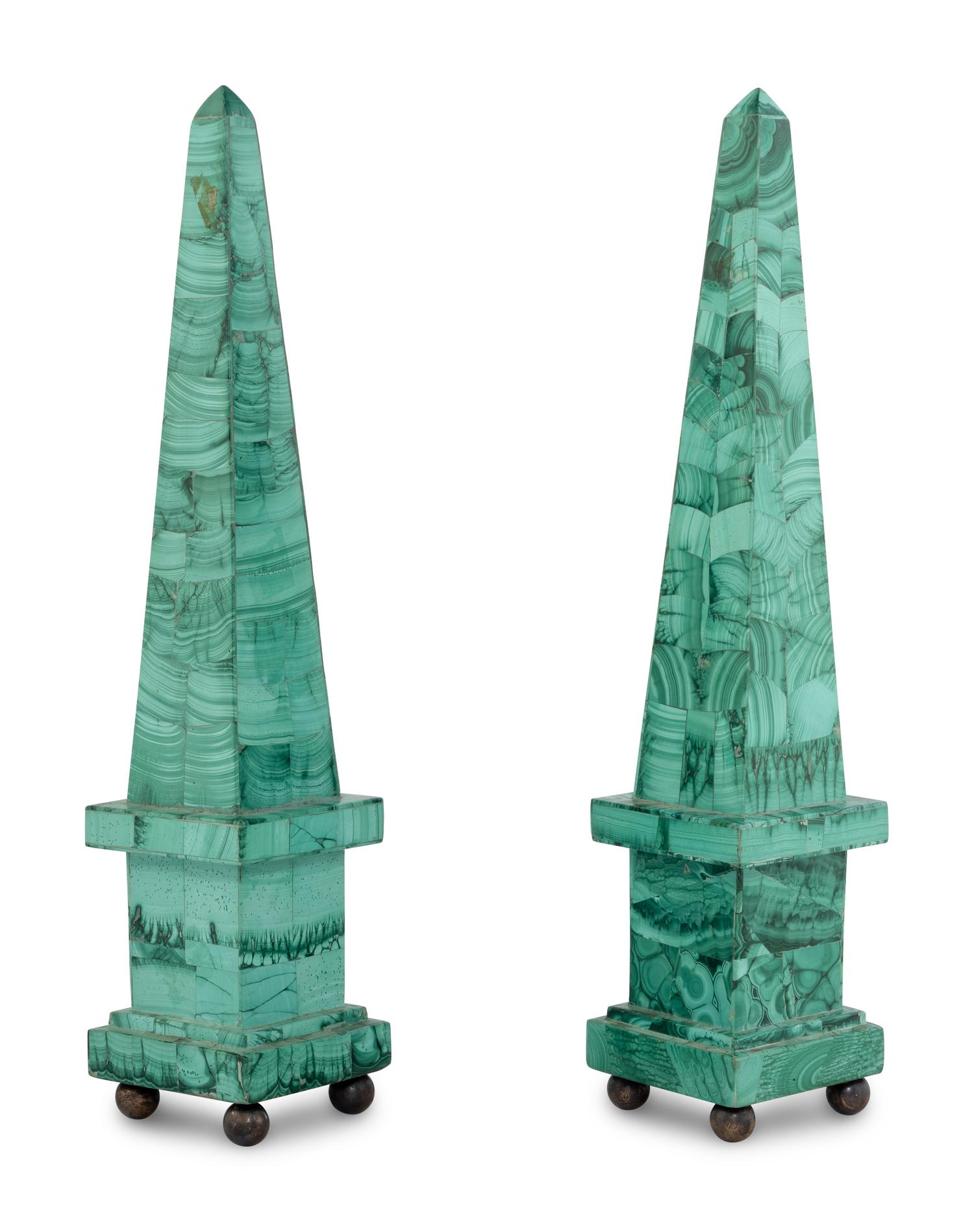 A Pair of Malachite Veneered Obelisks