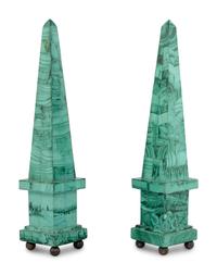 A Pair of Malachite Veneered Obelisks