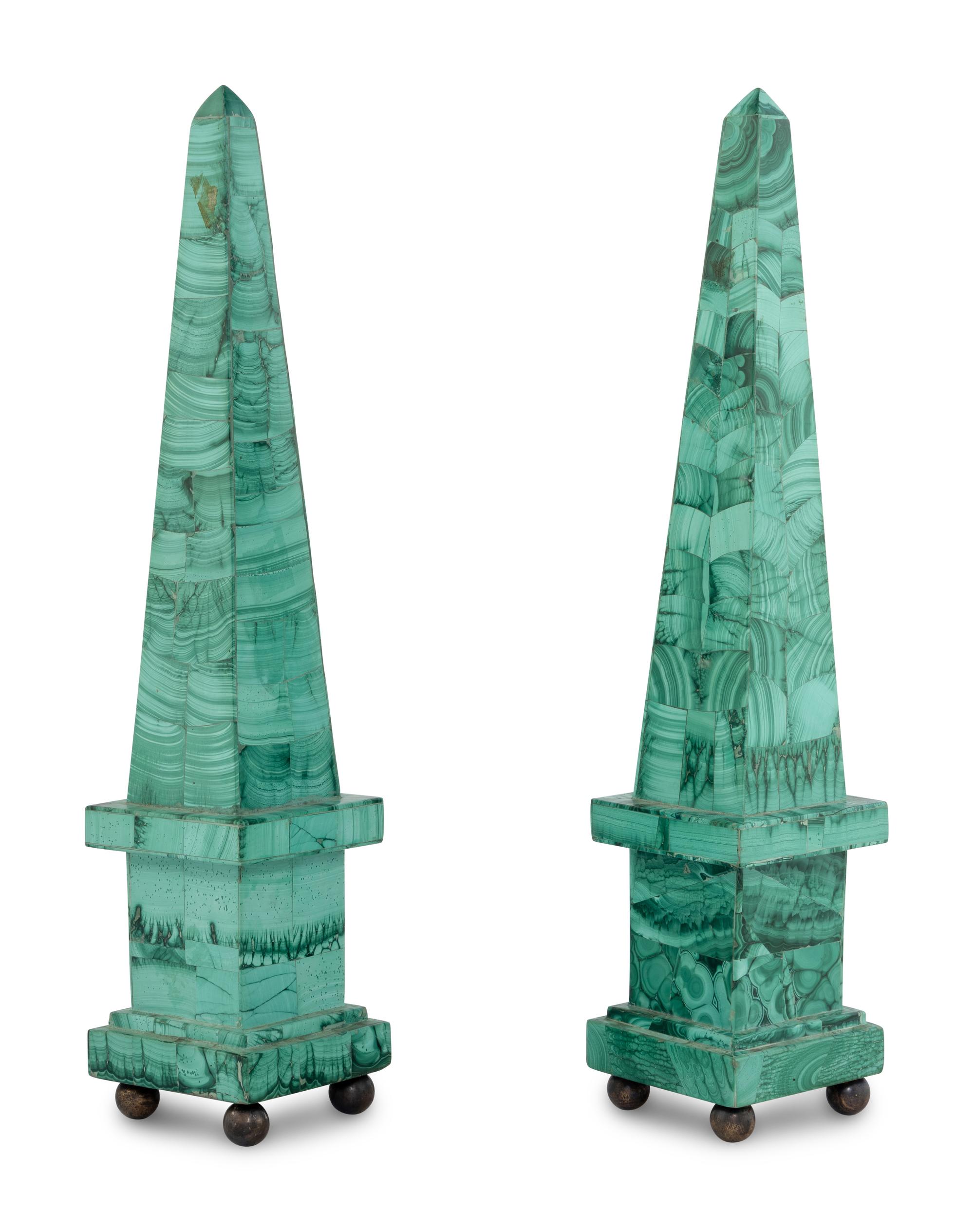 A Pair of Malachite Veneered Obelisks