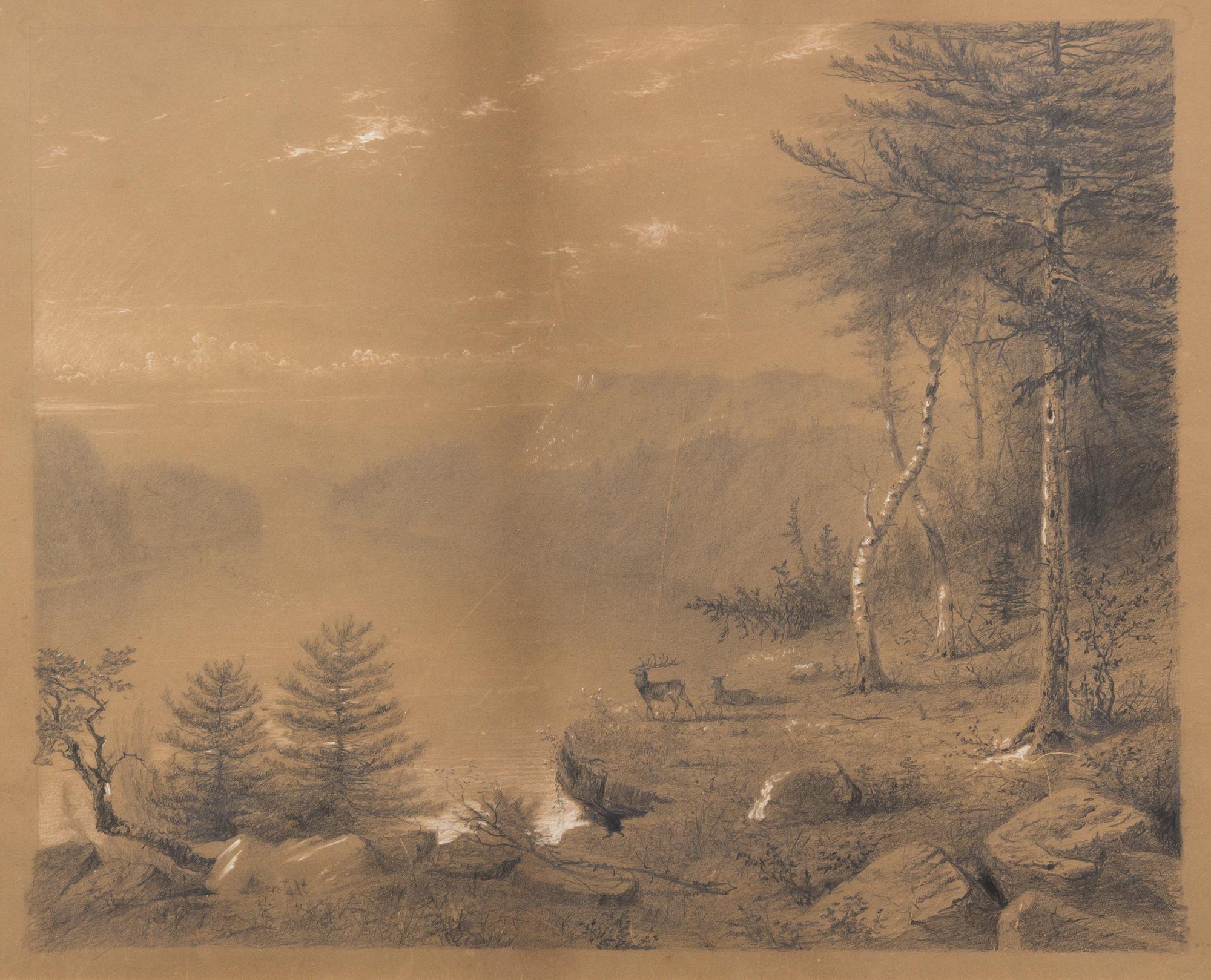 Albert Bierstadt, (American, 1830 - 1902), Two Deer in Landscape