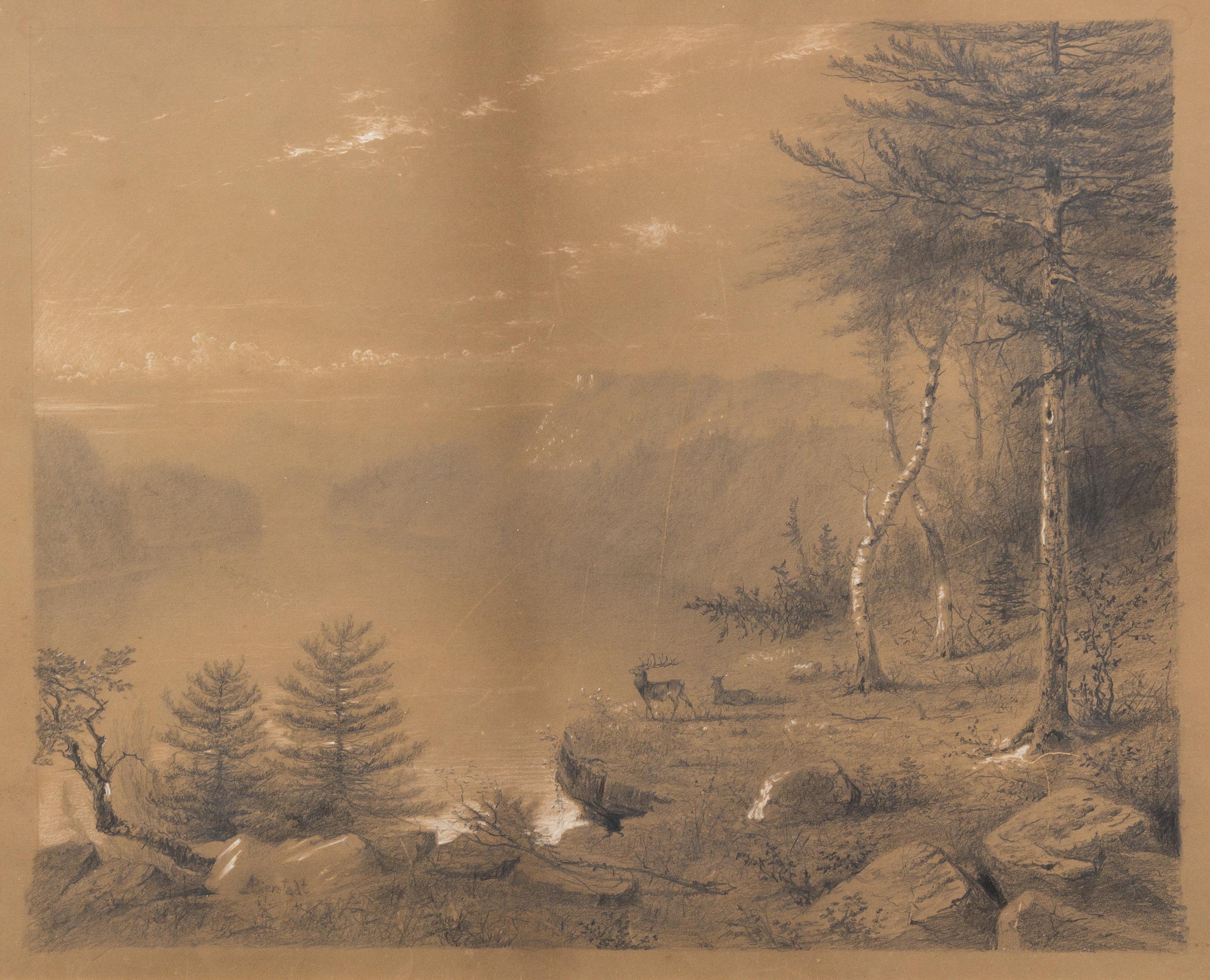 Albert Bierstadt, (American, 1830 - 1902), Two Deer in Landscape
