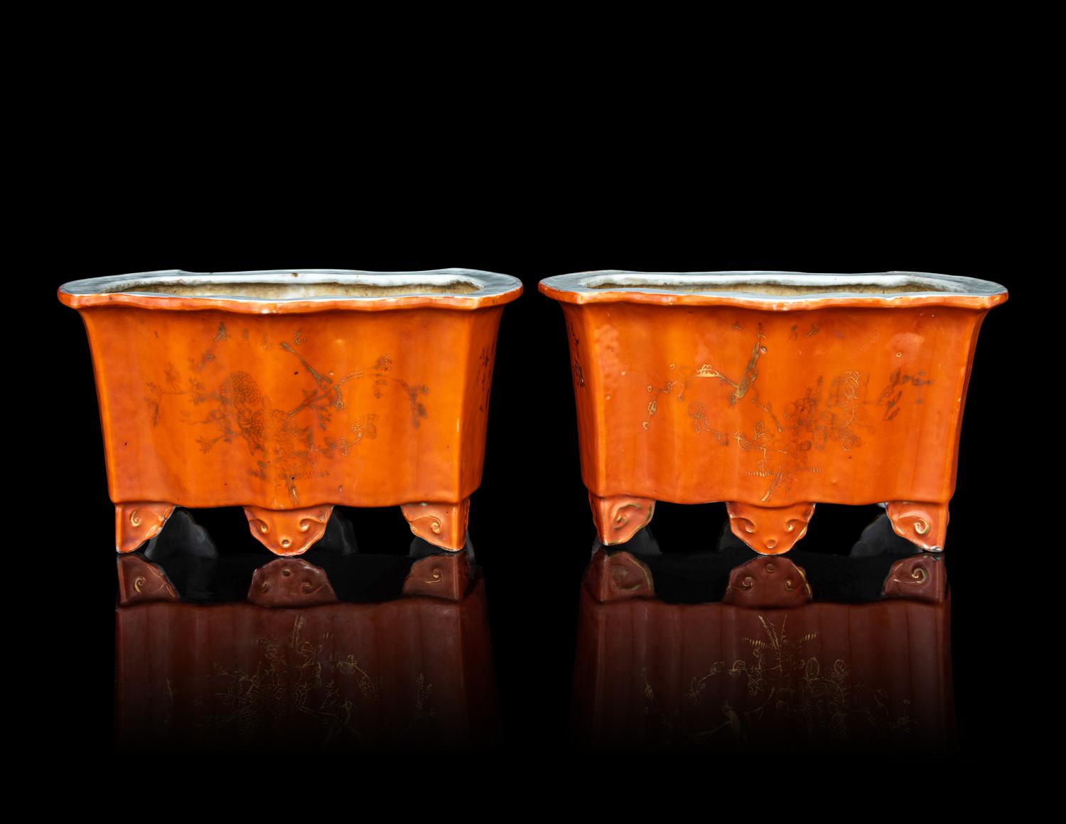 A Pair of Gilt Highlighted Coral-Red Ground Bat-Form Porcelain Planters