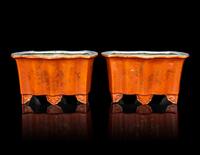 A Pair of Gilt Highlighted Coral-Red Ground Bat-Form Porcelain Planters