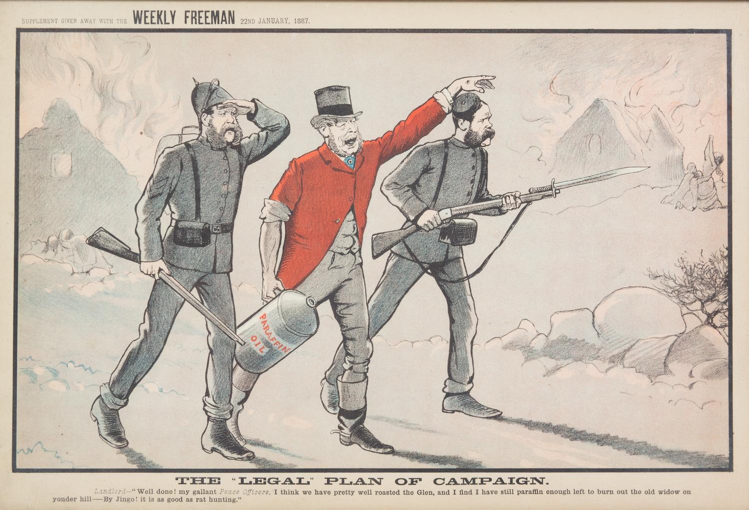 A Group of Four Irish Cartoon Lithographs Framed 18 1/2 x 13 inches.