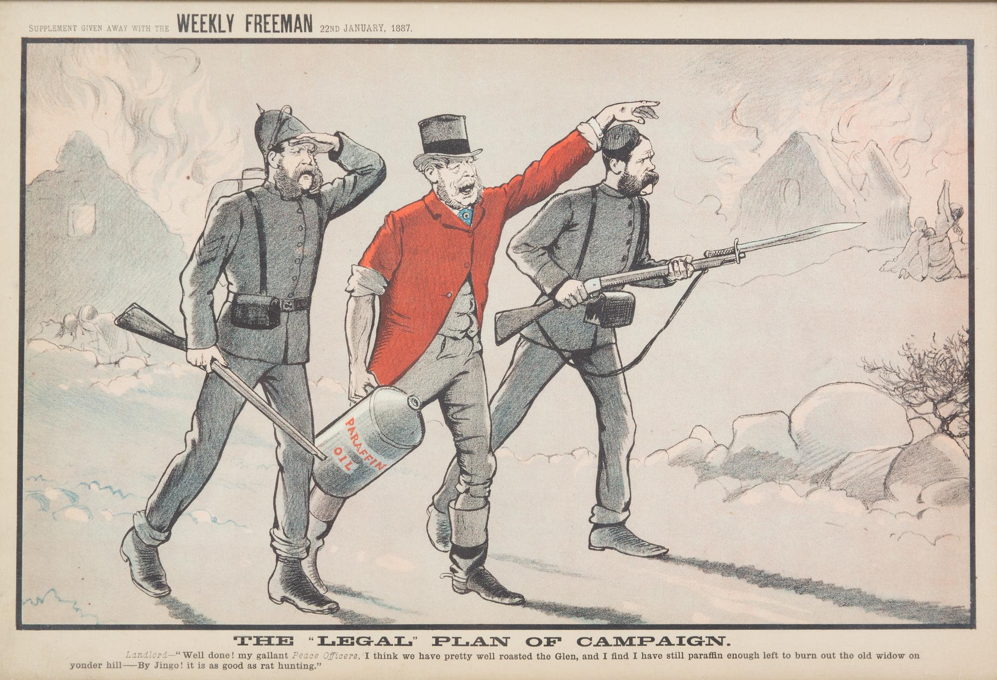 A Group of Four Irish Cartoon Lithographs Framed 18 1/2 x 13 inches.