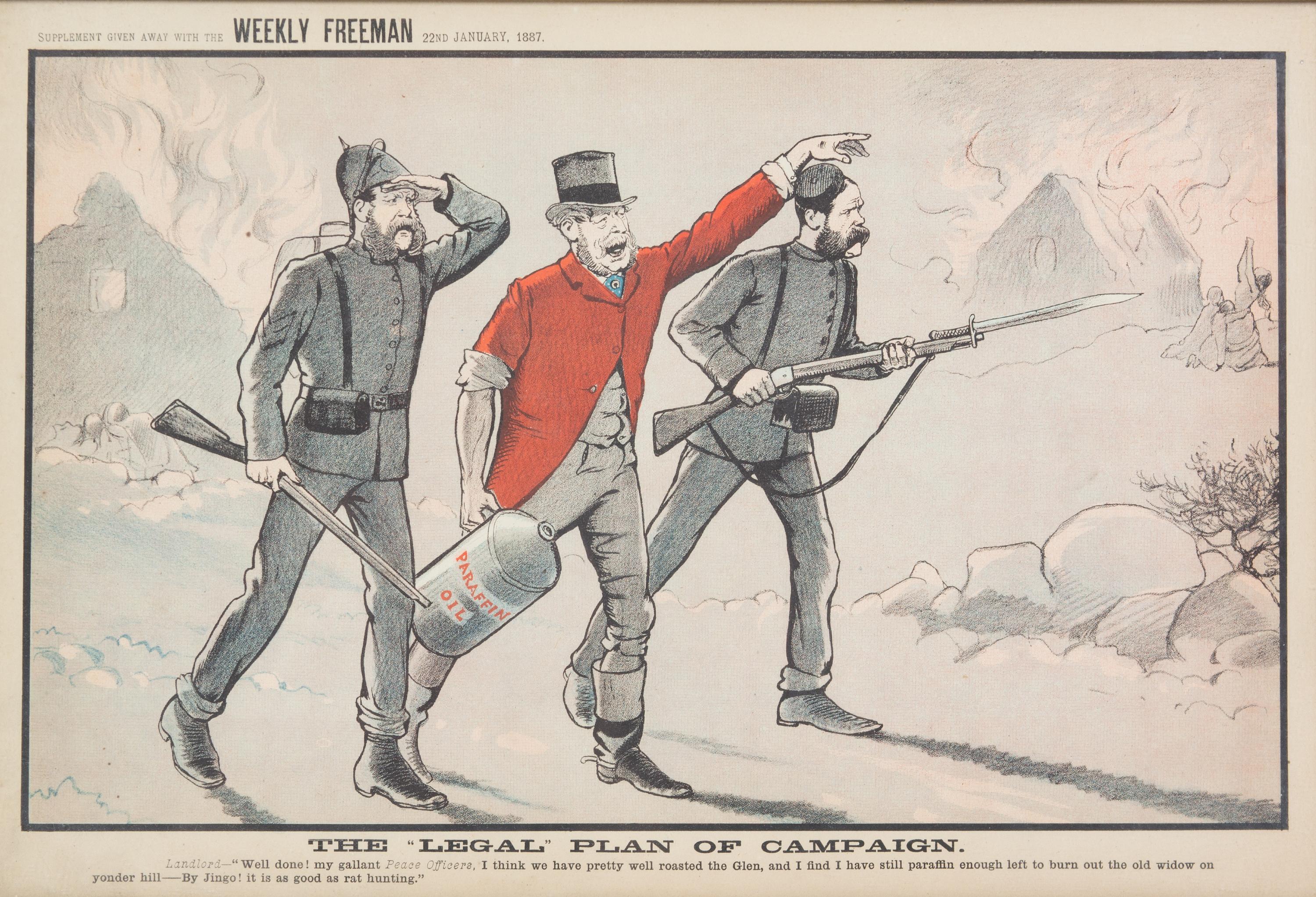 A Group of Four Irish Cartoon Lithographs Framed 18 1/2 x 13 inches.