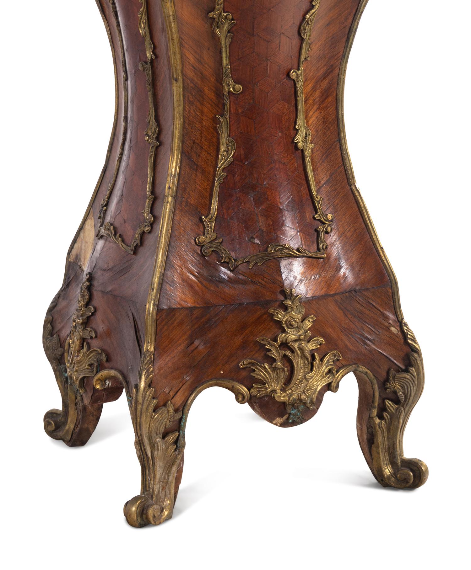 A Pair of Louis XV Style Gilt Bronze Mounted Parquetry Marble-Top Pedestals