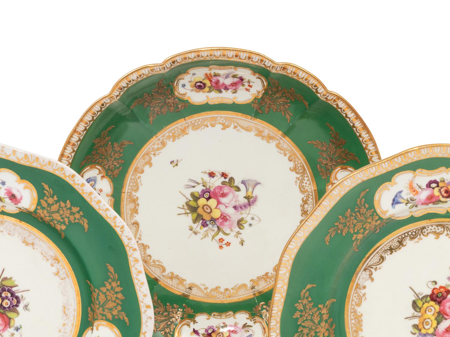 A Coalport Green-Ground Floral Porcelain Dessert Service