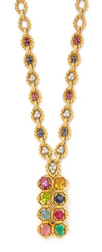An 18 Karat Yellow Gold, Platinum and Multigem Pendant/Brooch with Convertible Necklace/Bracelet, David Webb, 109.45 dwts.
