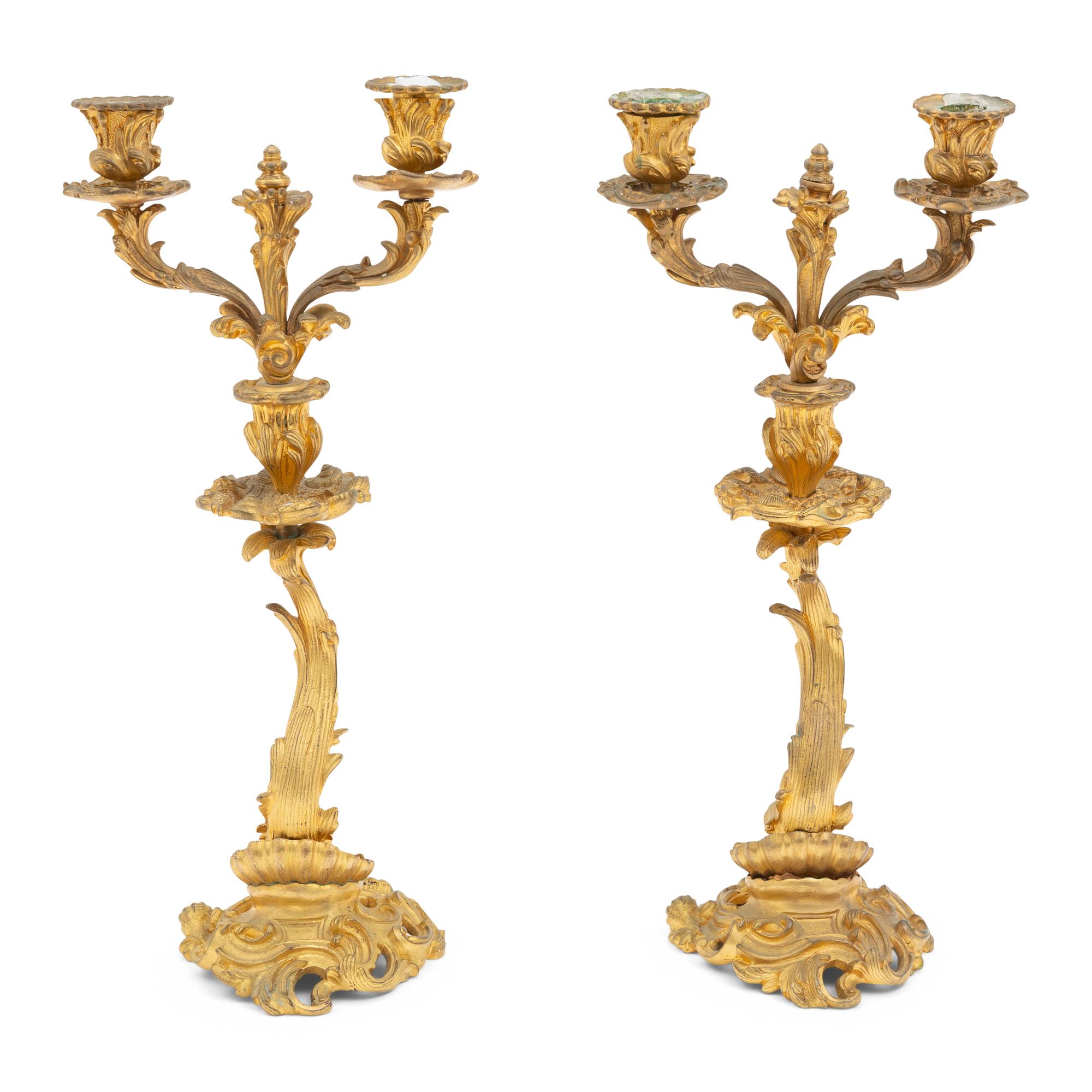 A Pair of Rococo Style Gilt-Bronze Two-Arm Candelabra