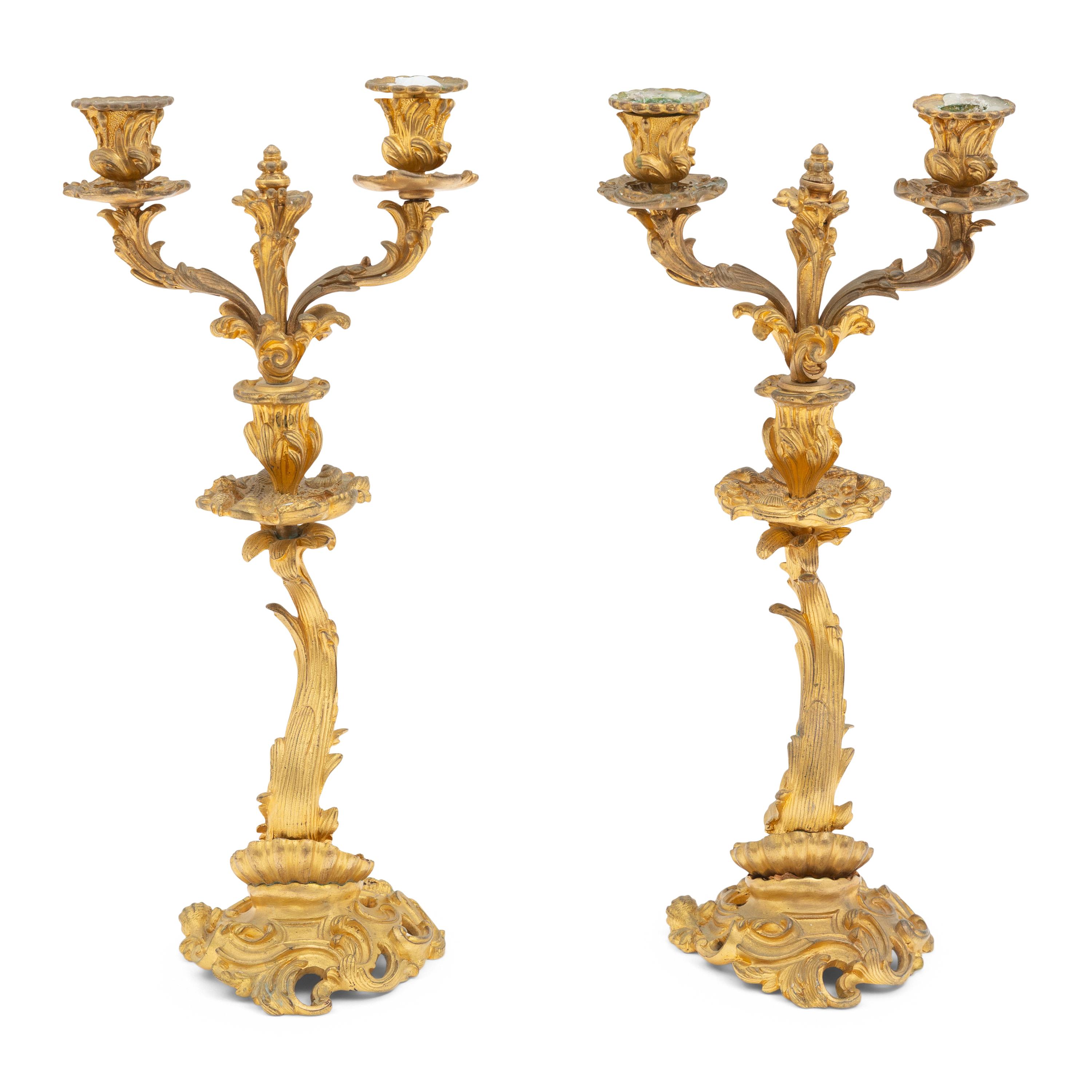 A Pair of Rococo Style Gilt-Bronze Two-Arm Candelabra