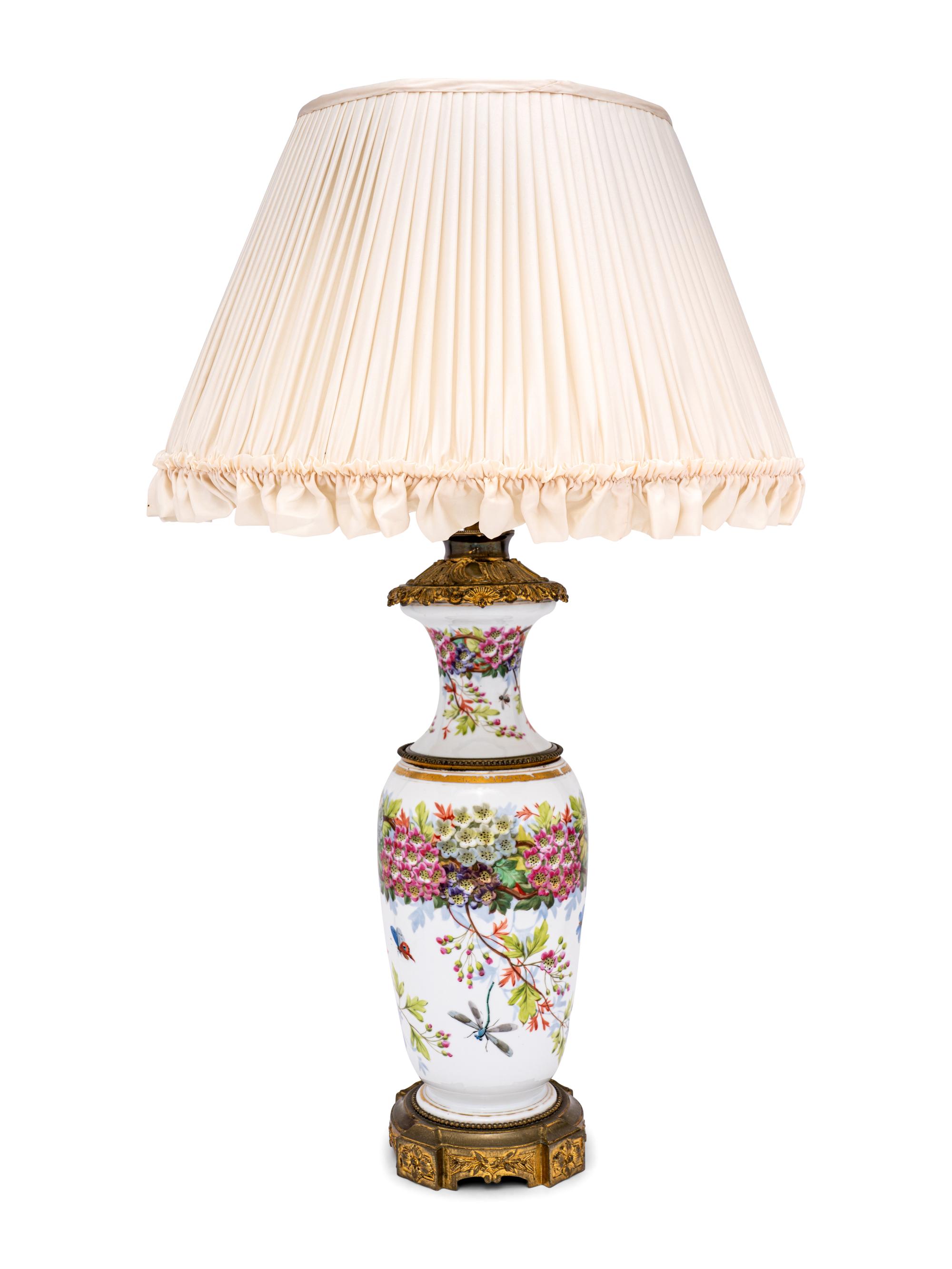 A French Painted Opaline Glass Vase Mounted as a Lamp