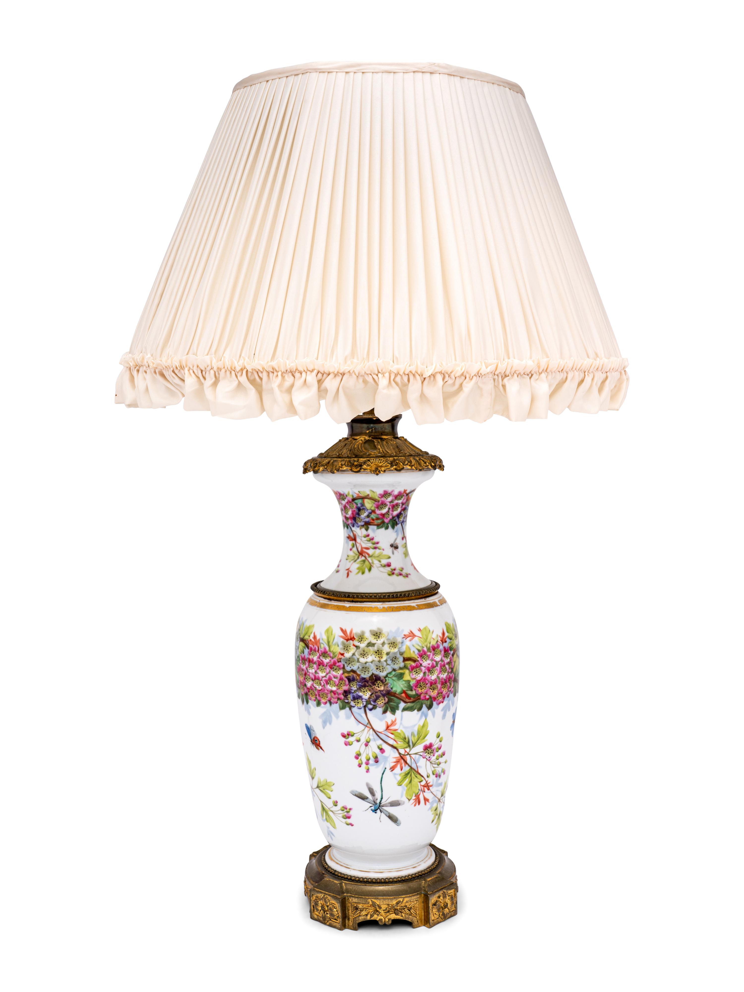 A French Painted Opaline Glass Vase Mounted as a Lamp